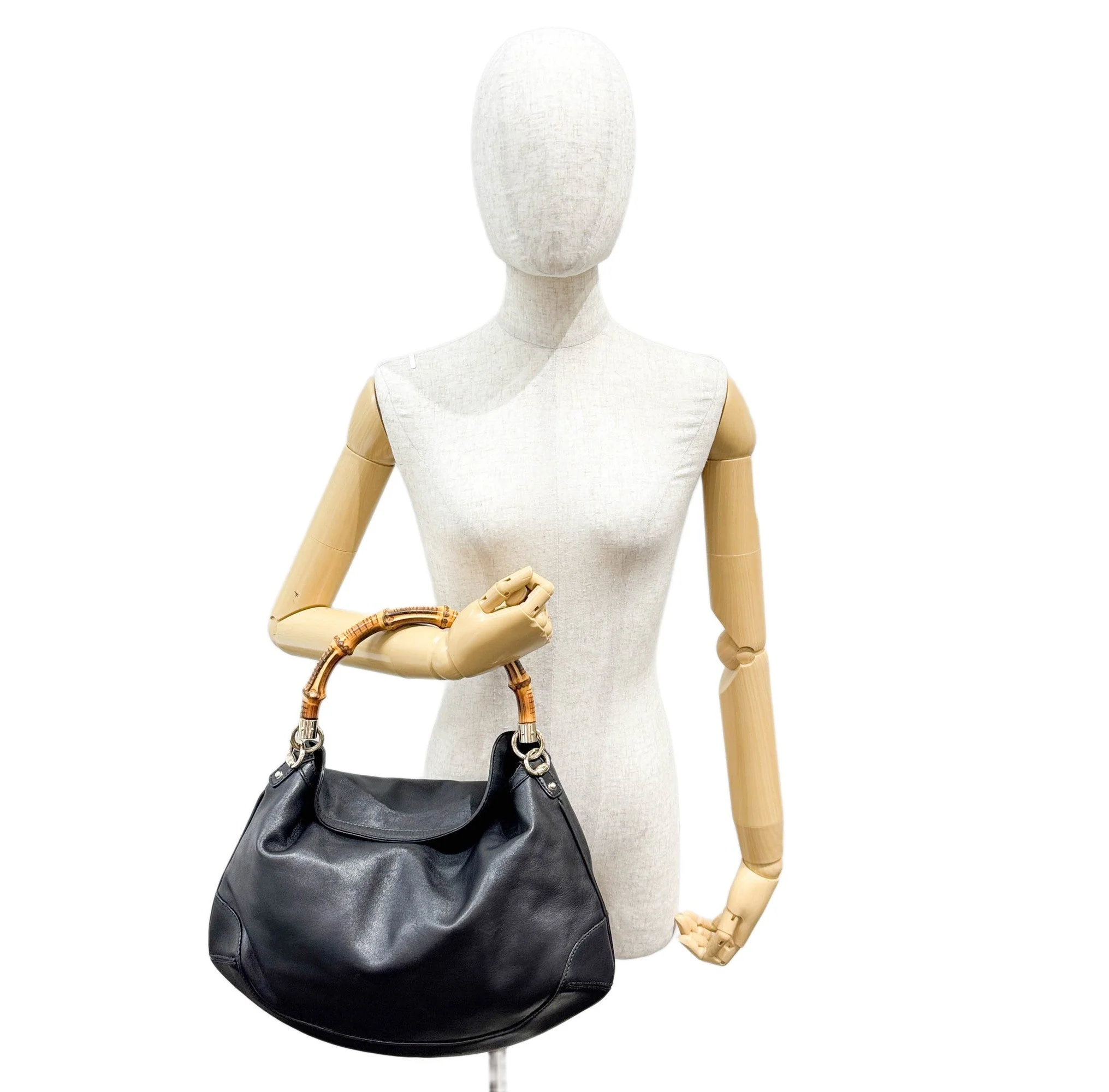 Bamboo Black Leather Hobo Bag - Image 3