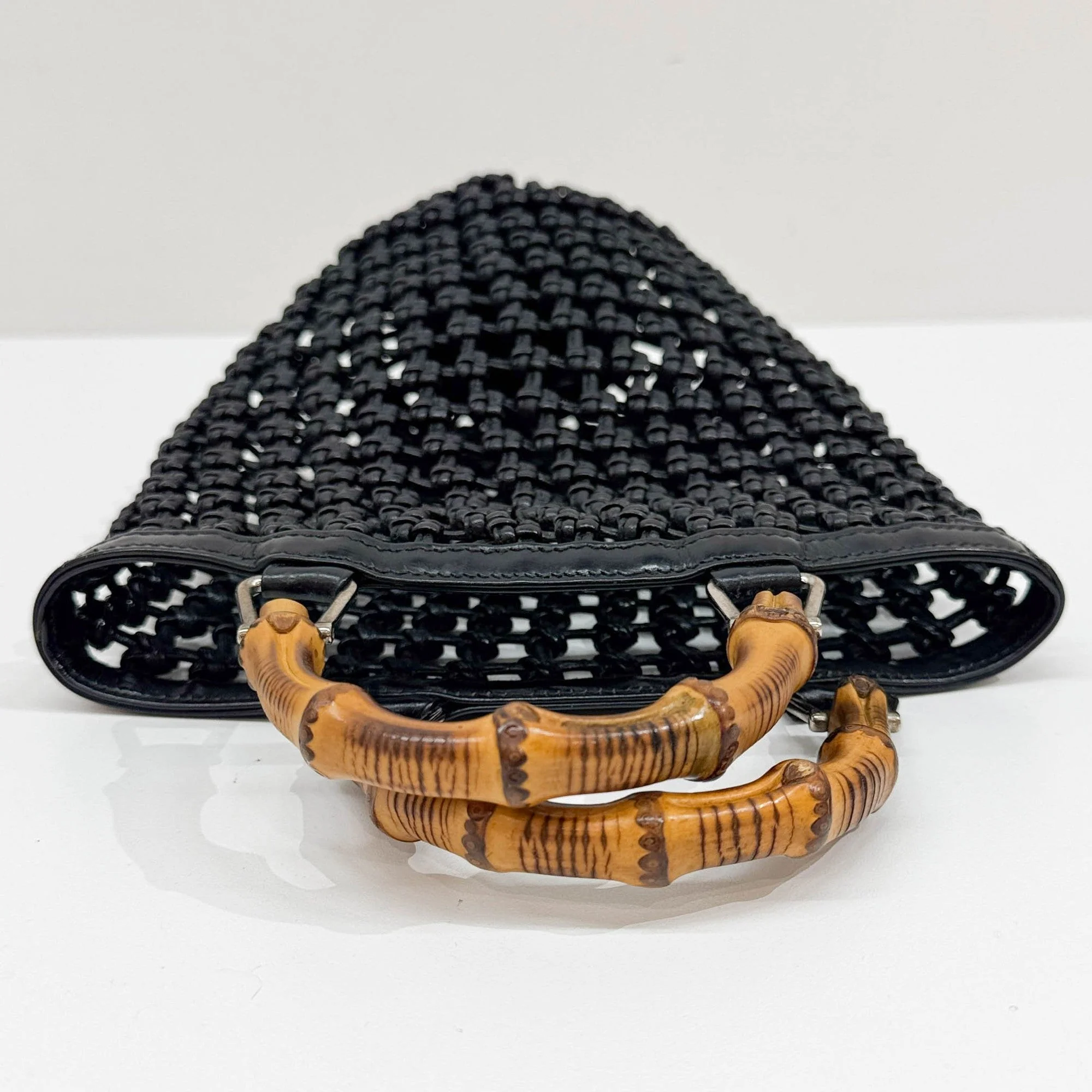 Bamboo Braided Mesh Black Leather Hand Bag - Image 6
