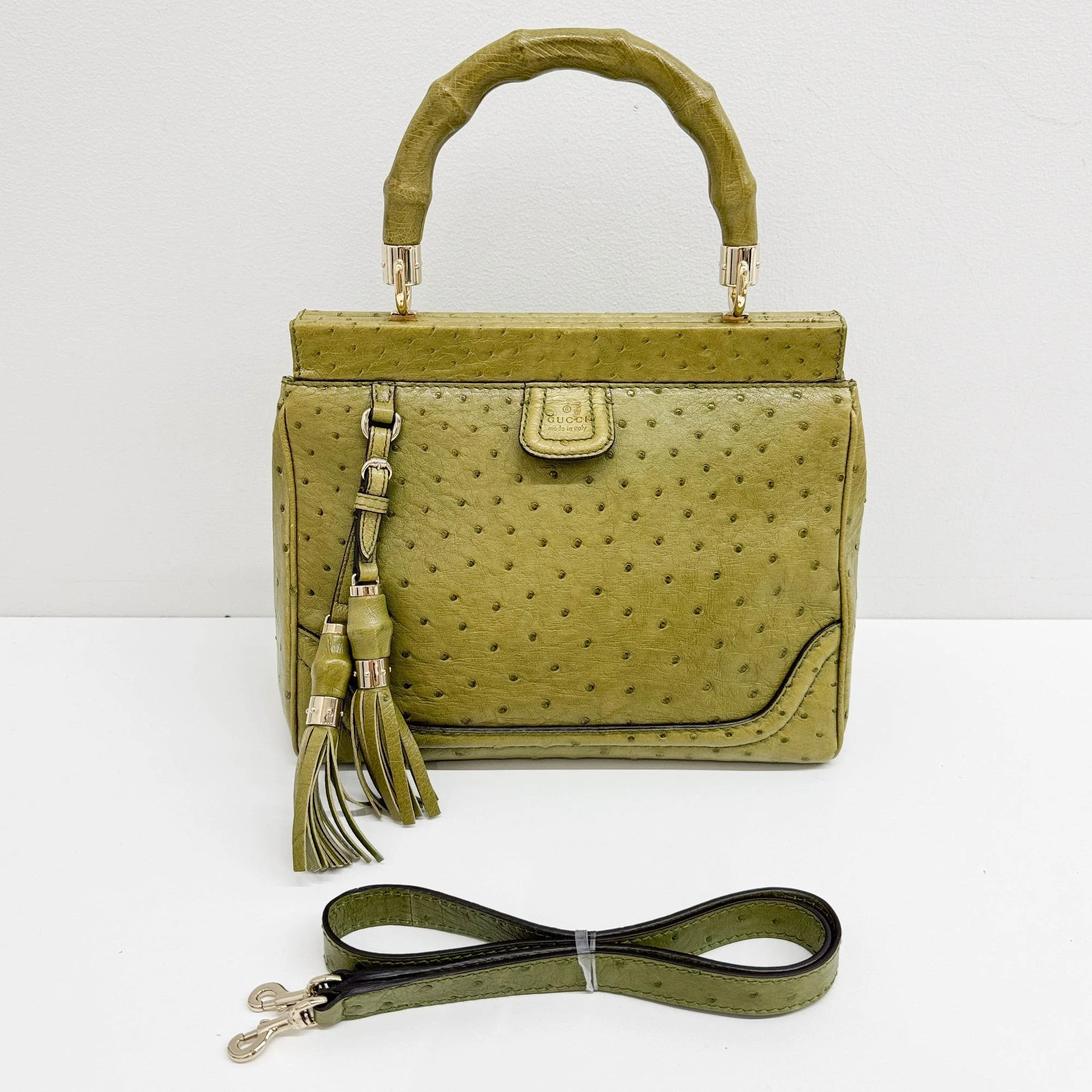 Bamboo Olive Green Ostrich Leather Bag - Image 4