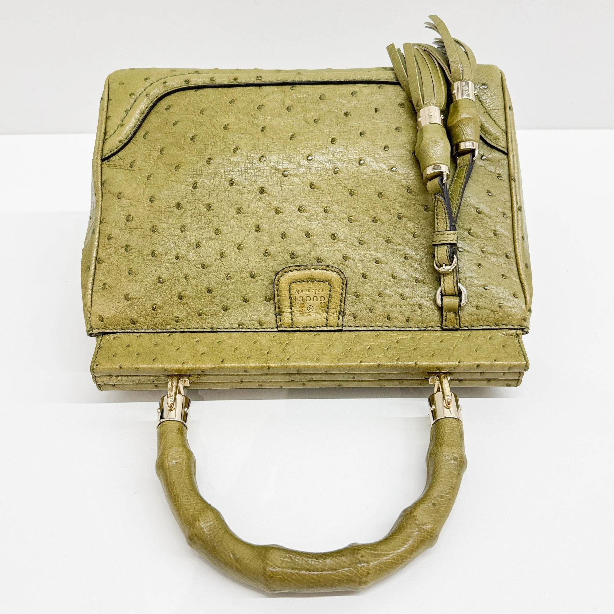 Bamboo Olive Green Ostrich Leather Bag - Image 7