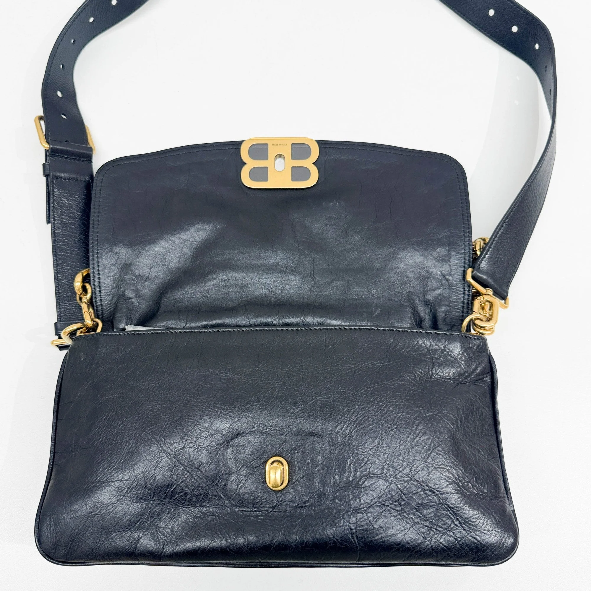 BB Soft Flap Gold Chain Strap Black Leather Shoulder Bag - Image 19
