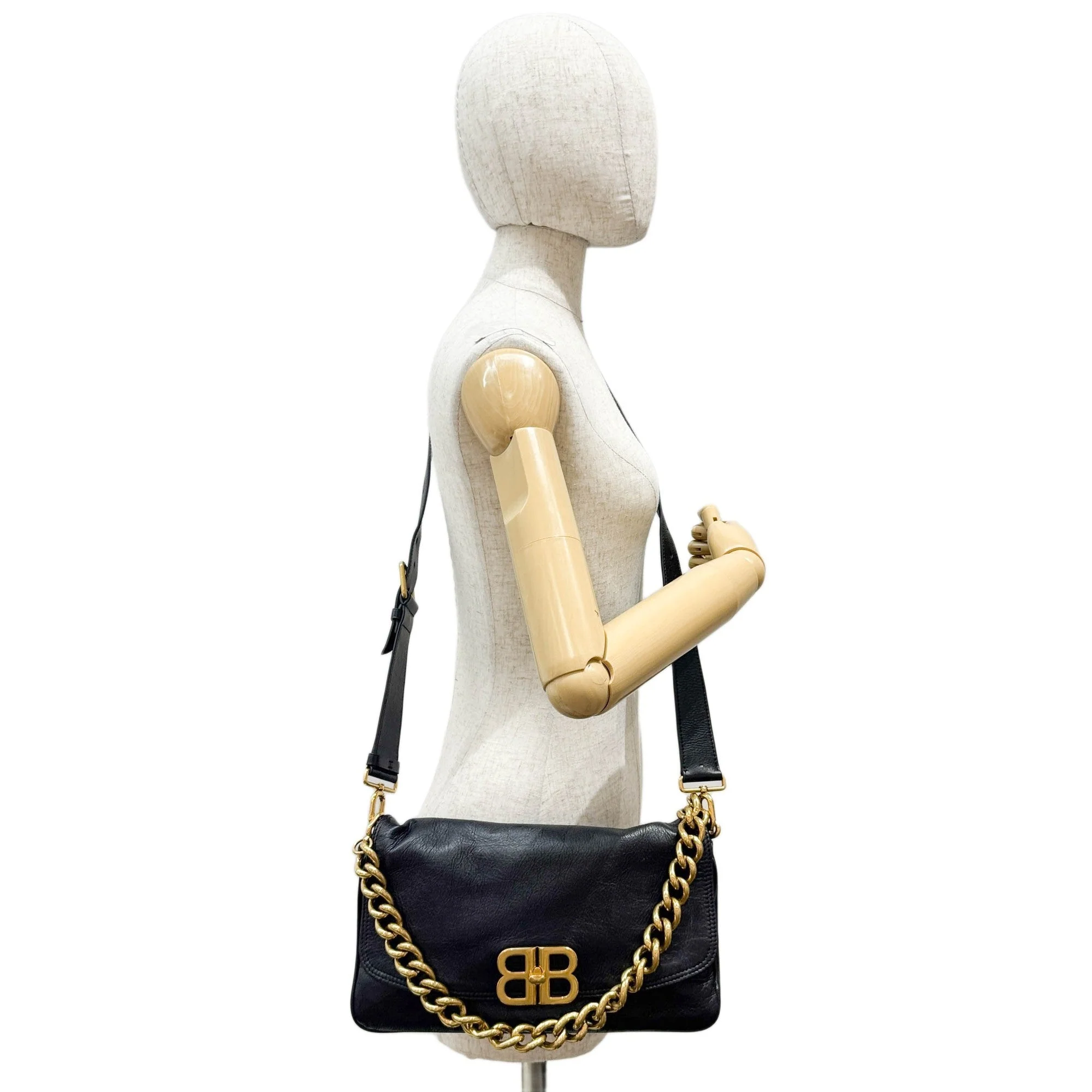 BB Soft Flap Gold Chain Strap Black Leather Shoulder Bag - Image 3