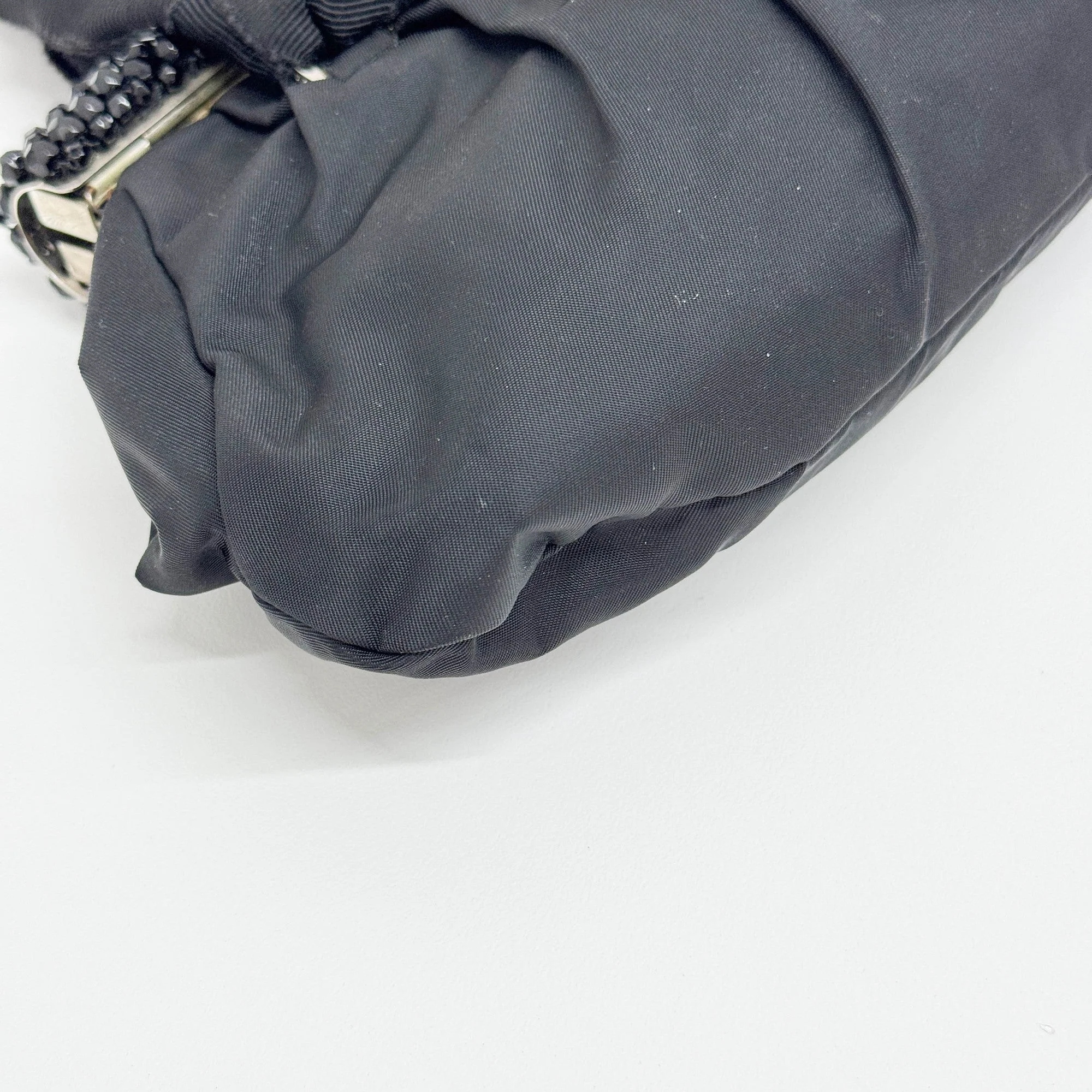Beaded Clasp Black Nylon Hand Bag - Image 9
