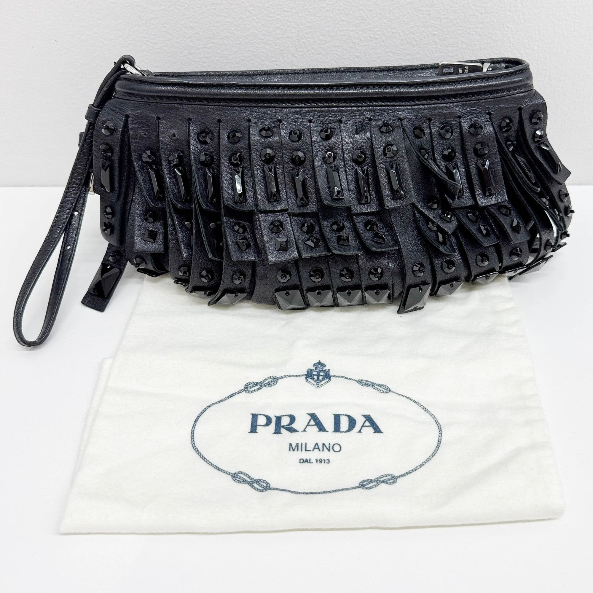 Beaded Fringe Black Leather Clutch Bag - Image 4