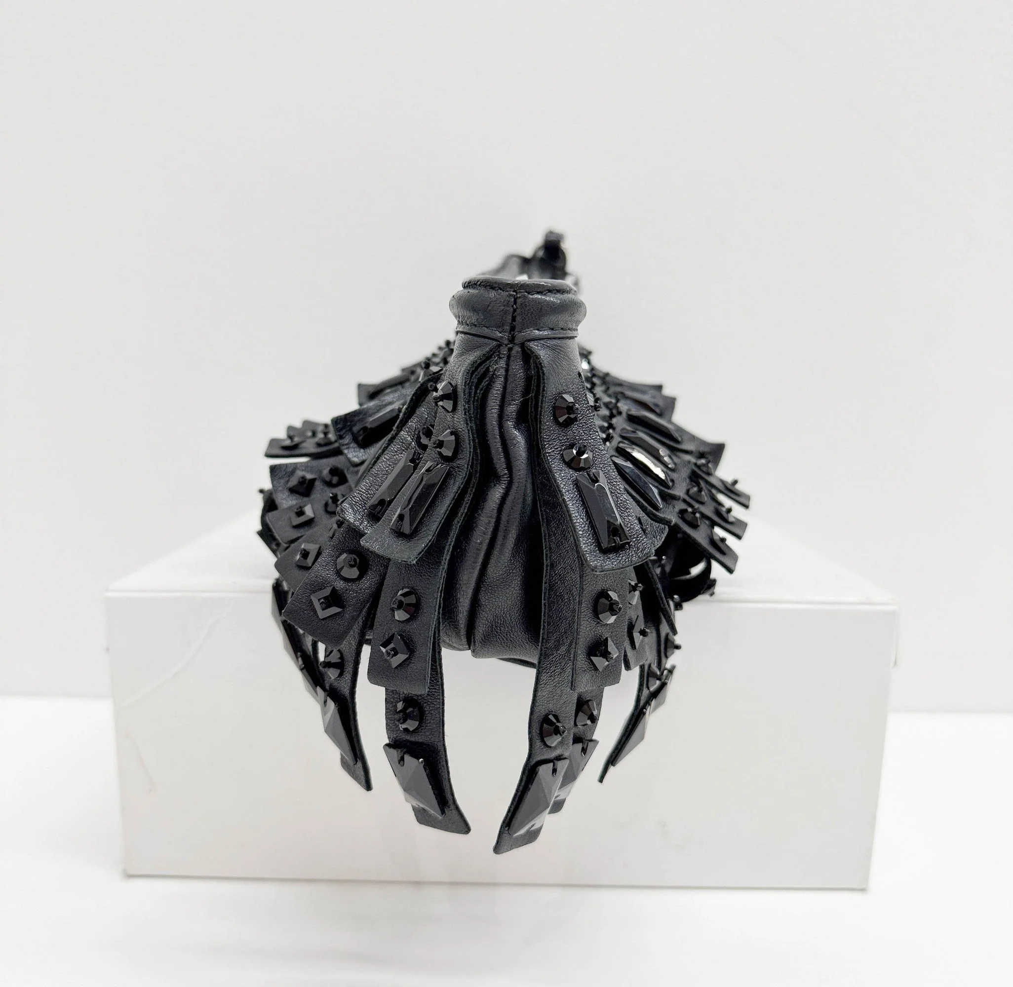 Beaded Fringe Black Leather Clutch Bag - Image 5