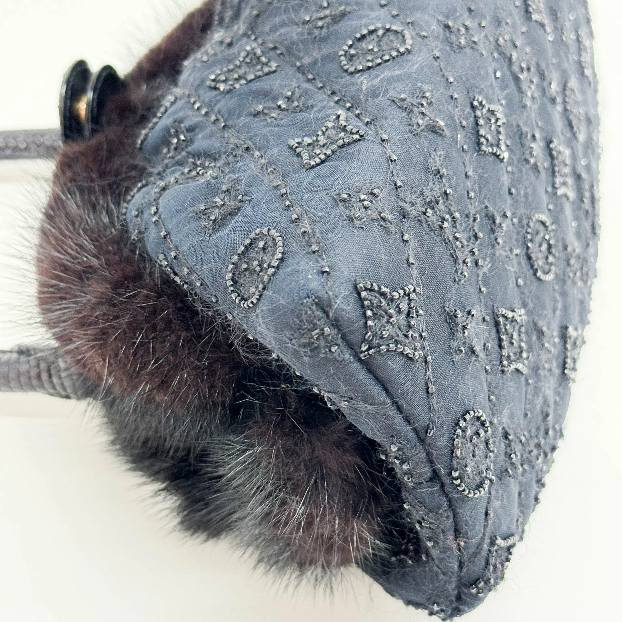 Beaded Monogram Fur Rim Black Cotton Hand Bag - Image 9