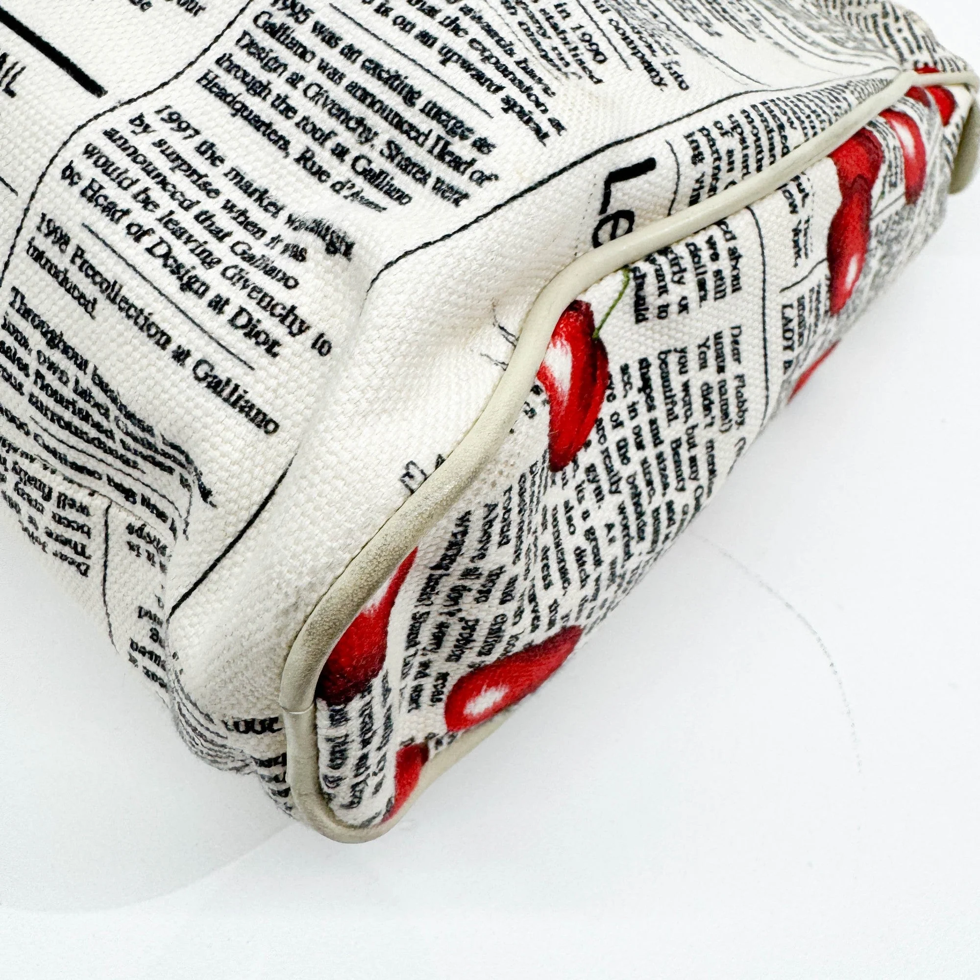 Beige Newspaper and Cherry Print Canvas Tote Bag - Image 8
