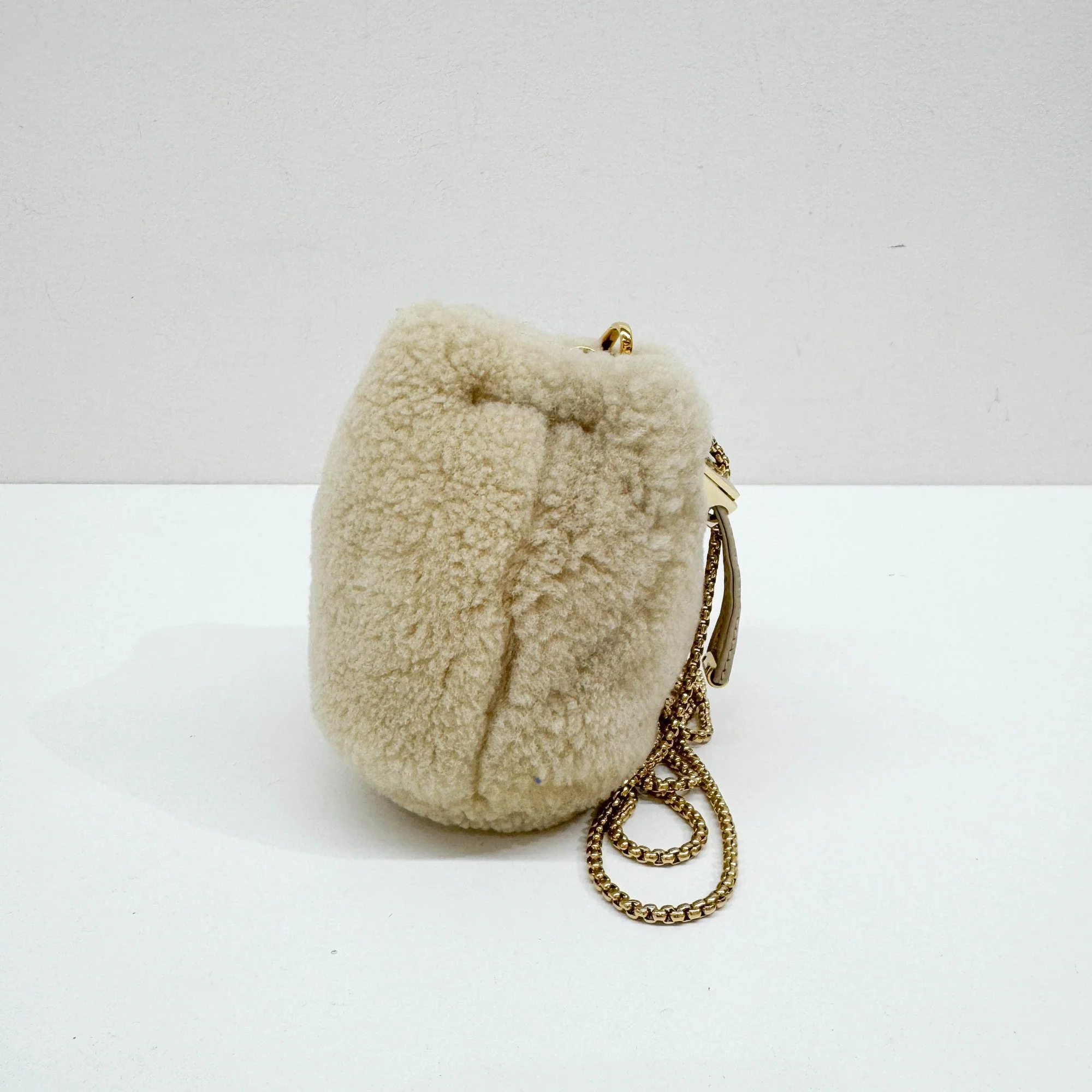 Beige Wool with Gold Chain Strap Shoulder Bag - Image 4
