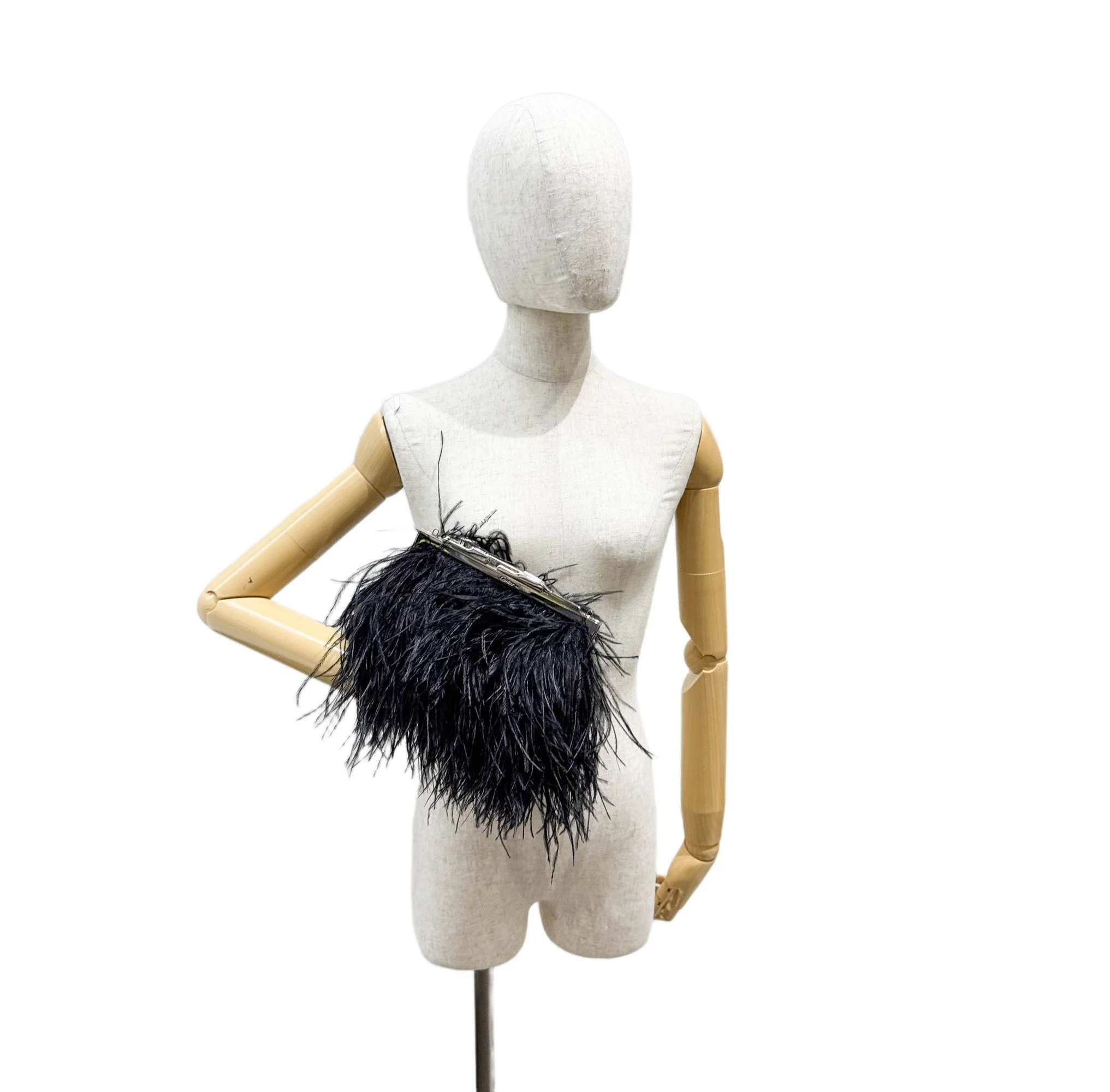 Black Ostrich Feather and Black Leather Clutch - Image 3