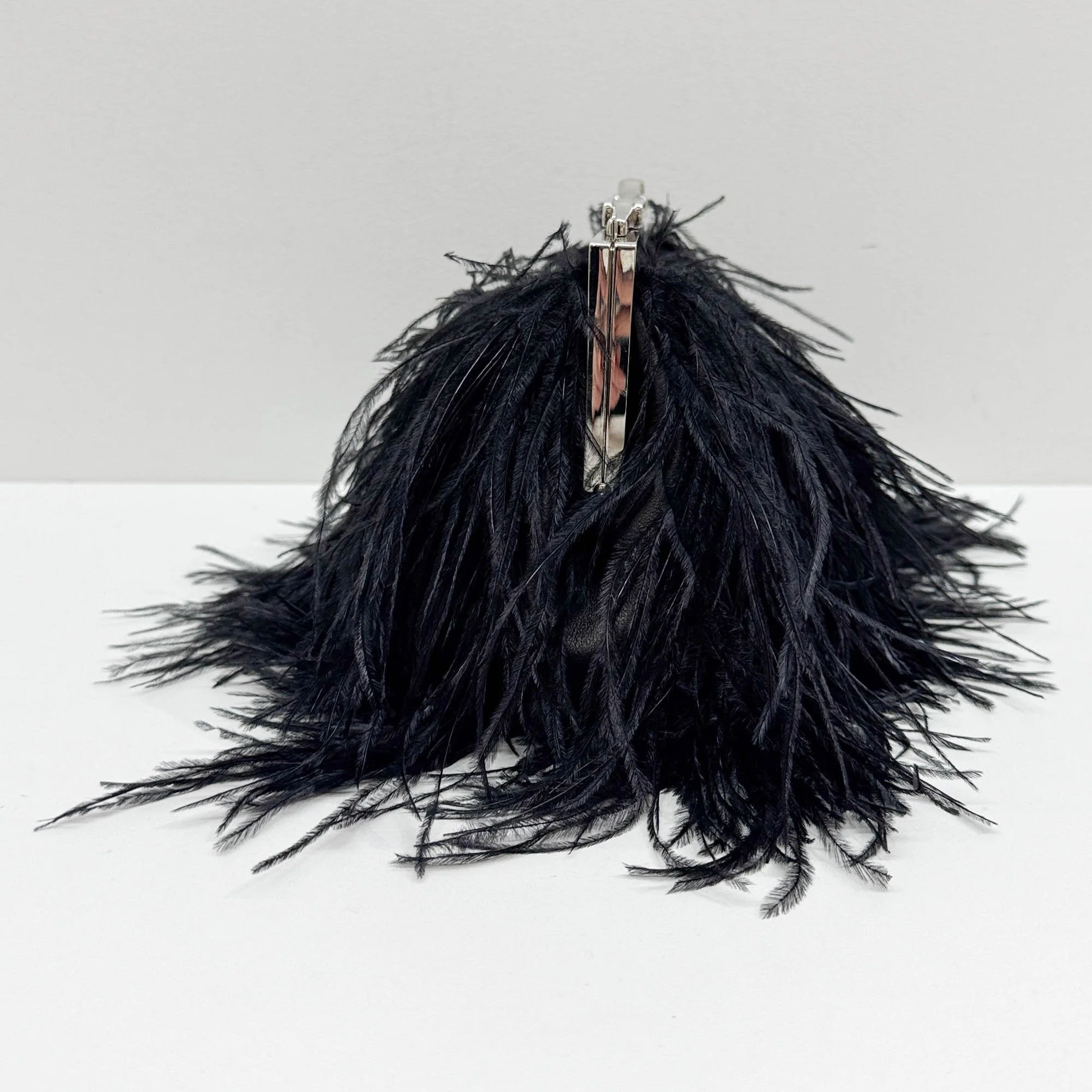 Black Ostrich Feather and Black Leather Clutch - Image 5