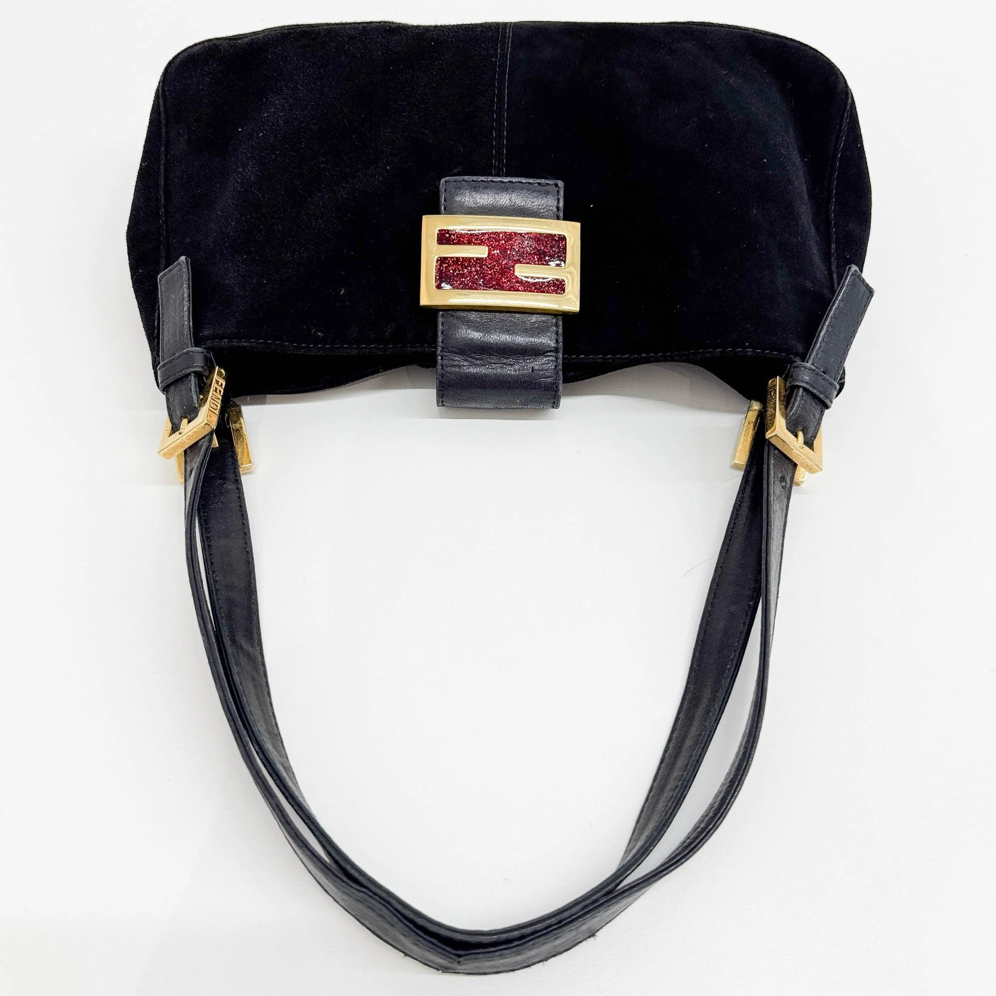 Black Suede with Red and Gold Buckle Shoulder Bag - Image 6