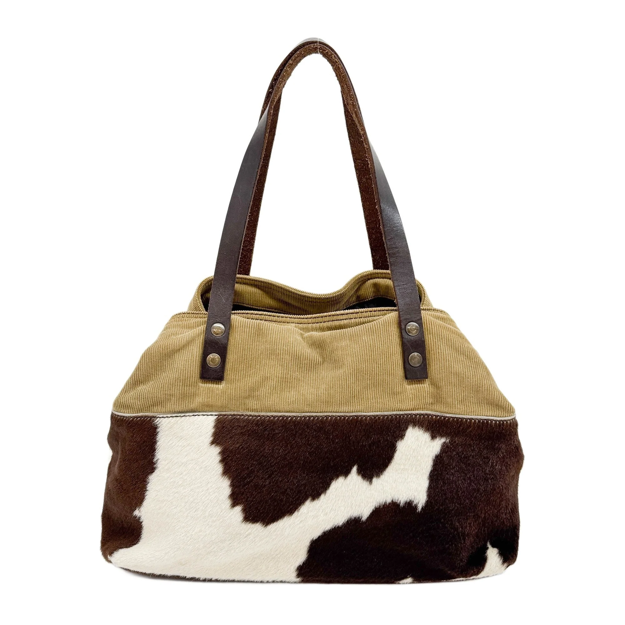 Brown Cow Print Pony Hair & Khaki Corduroy Shoulder Bag - Image 2