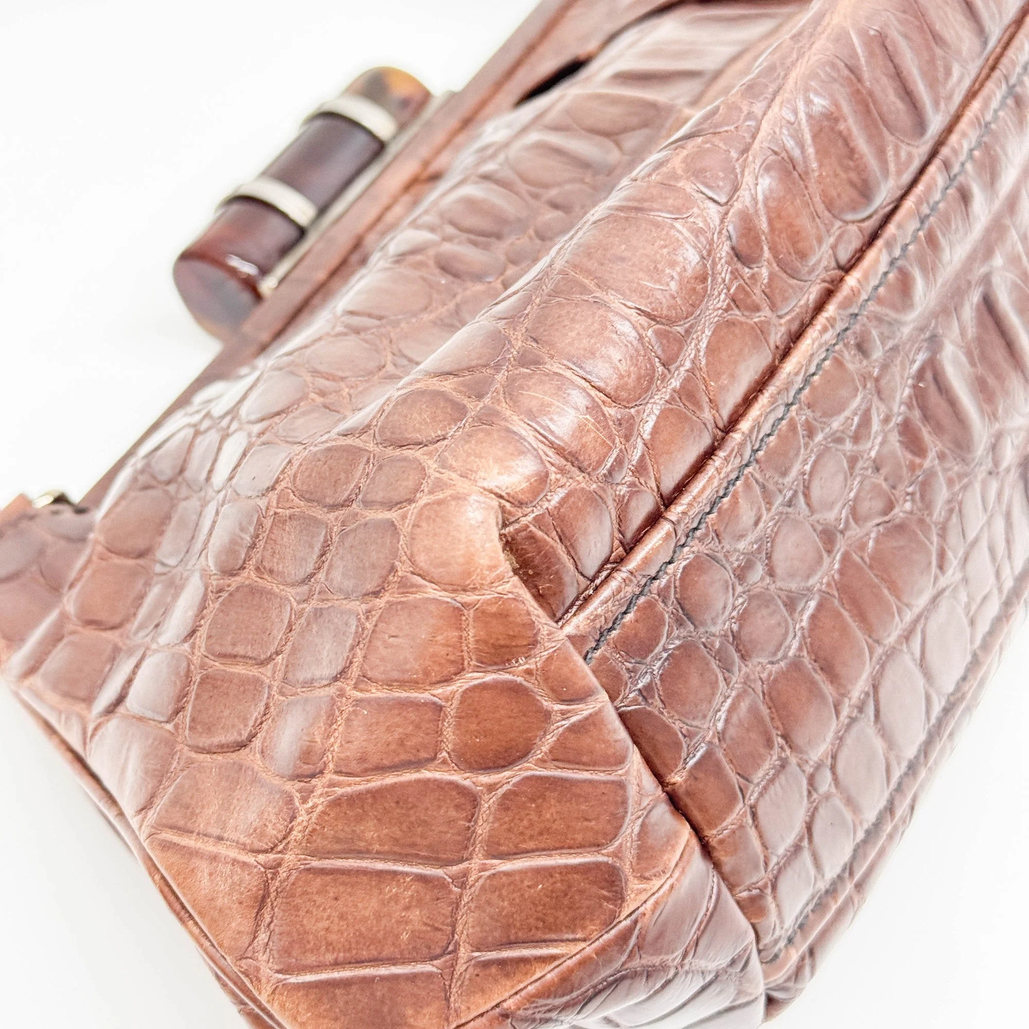 Brown Crocodile Embossed Leather Shoulder Bag - Image 10