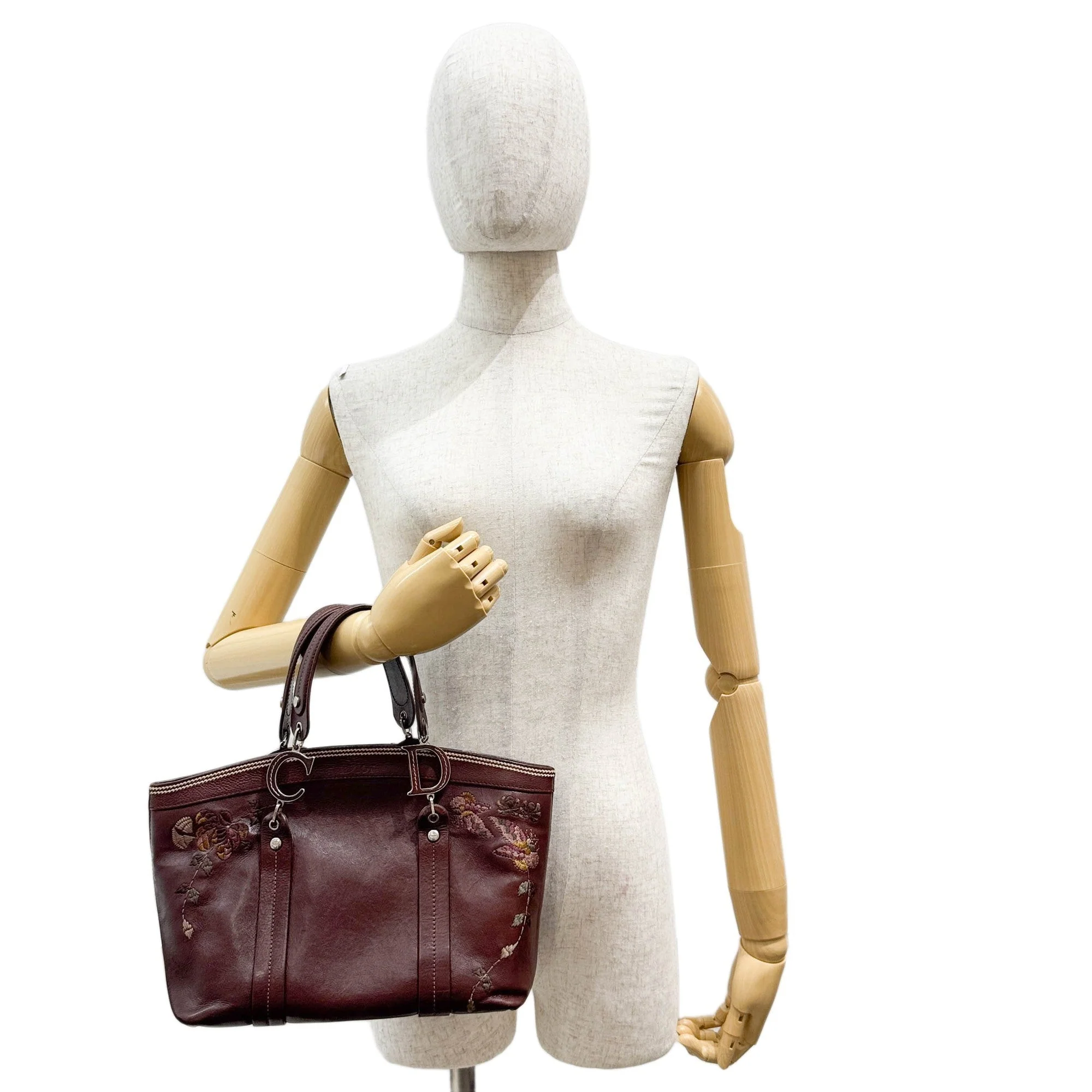 Butterfly Embroidered Brown Leather Shoulder Tote Bag - Image 3