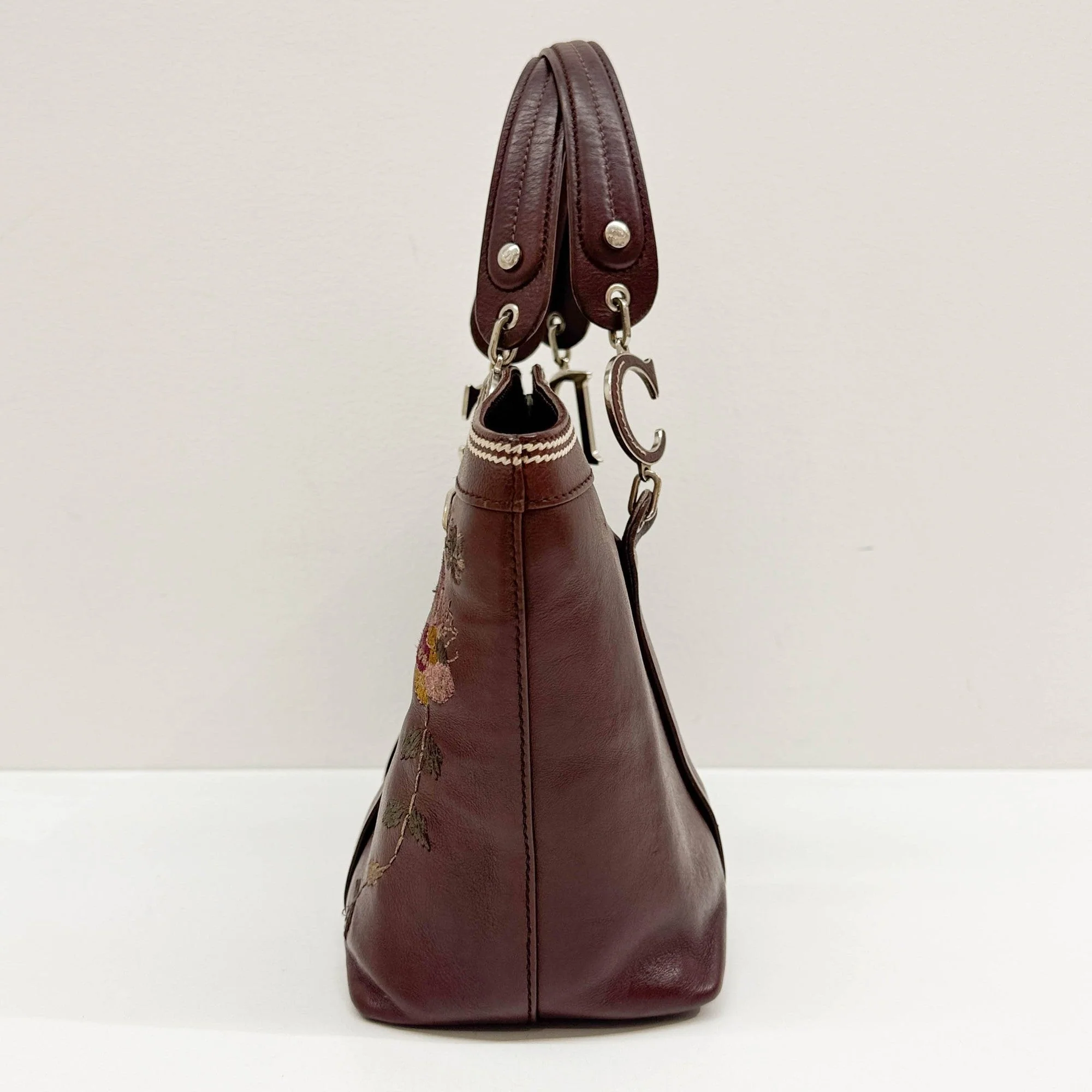 Butterfly Embroidered Brown Leather Shoulder Tote Bag - Image 5