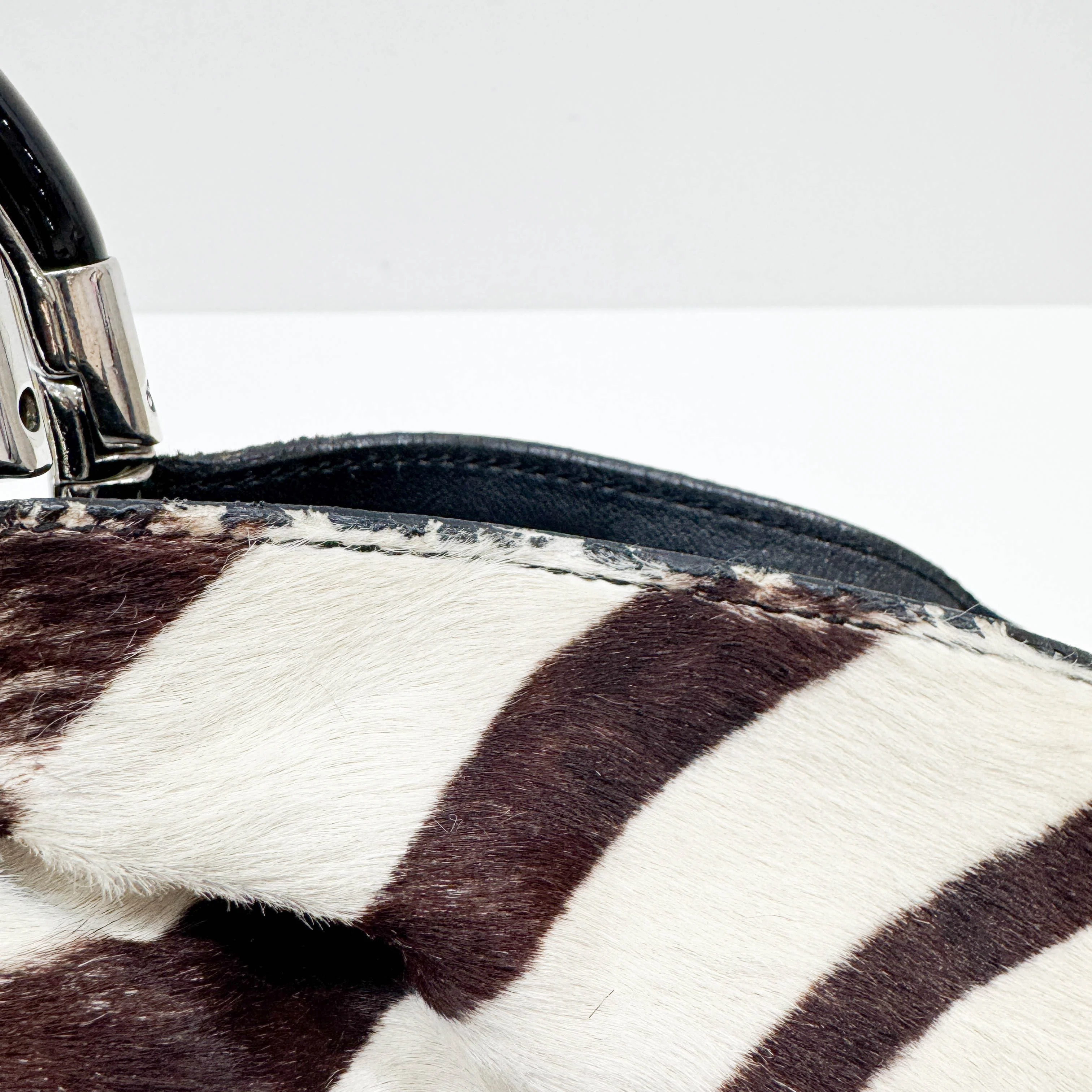 Circular Metal Handle Brown Zebra Print Pony Hair Hand Bag - Image 21