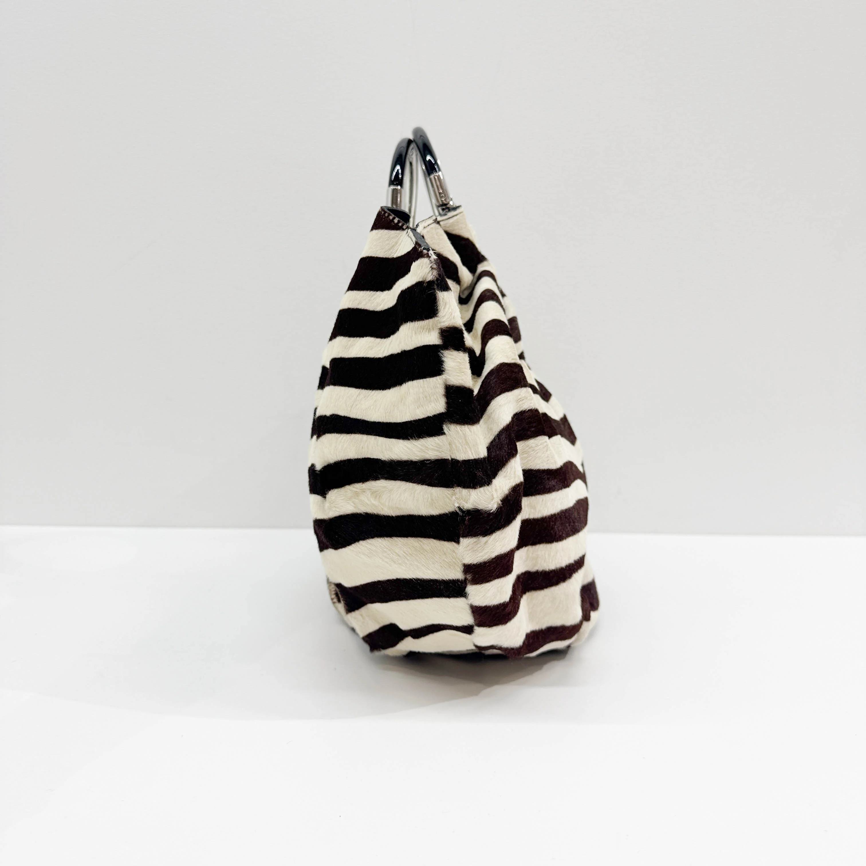 Circular Metal Handle Brown Zebra Print Pony Hair Hand Bag - Image 4