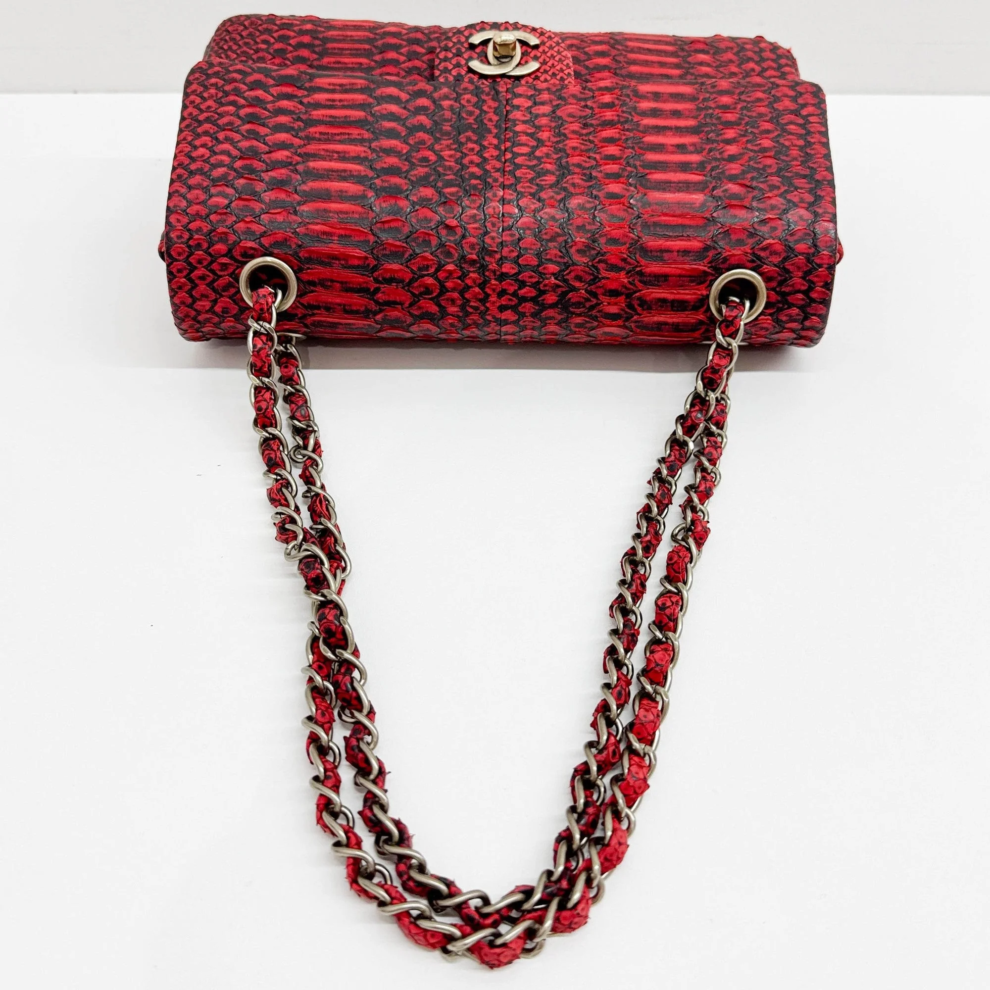 Classic Double Flap 2009 Red Python Embossed Leather Shoulder Bag - Image 6