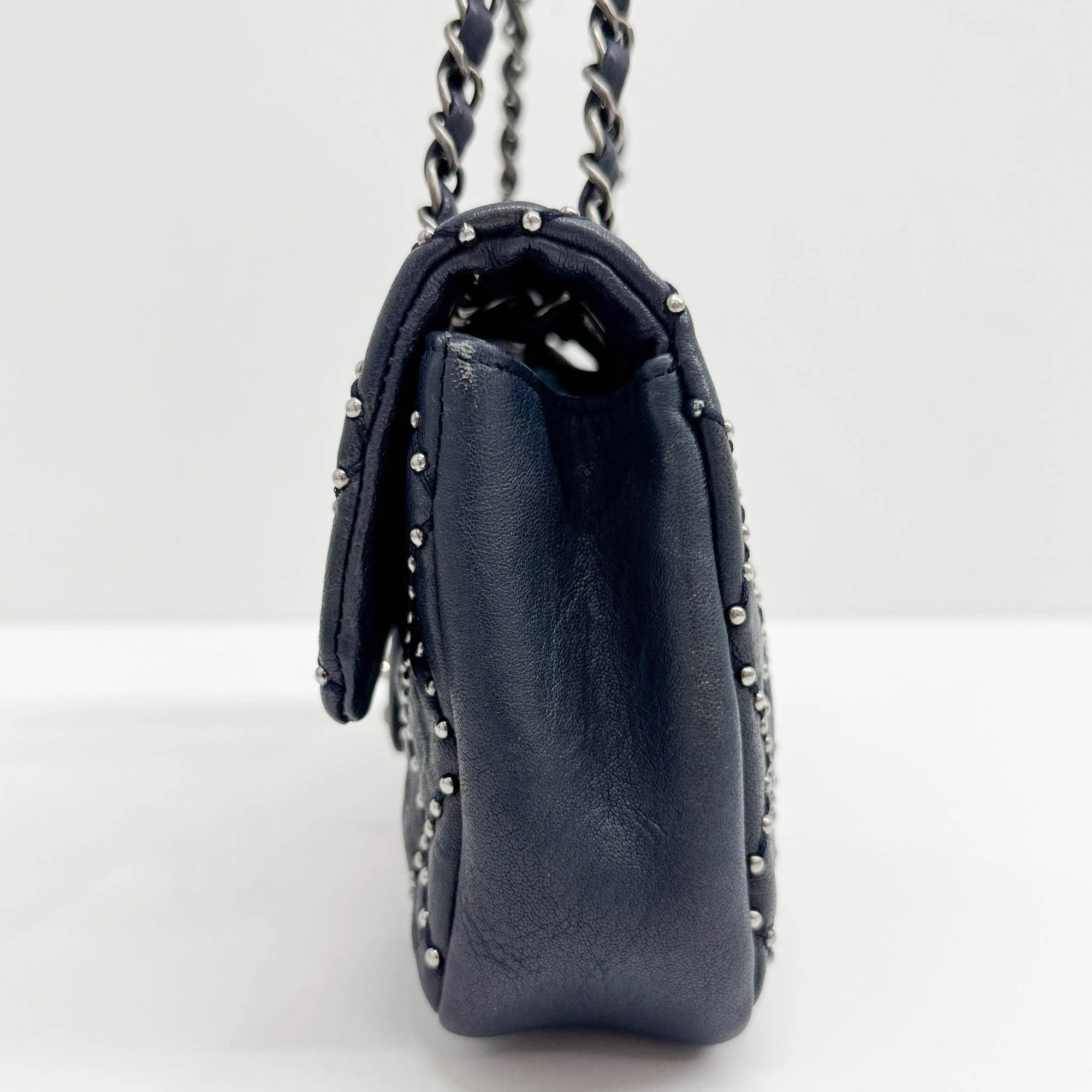 Classic Flap 2014 Matelasse Silver Studs Navy Blue Leather Shoulder Bag - Image 4