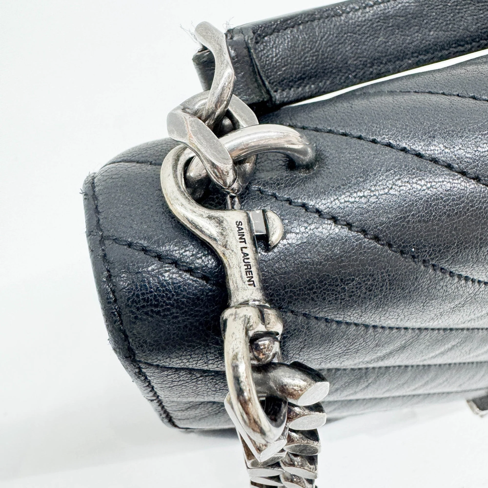 College Black Leather with Silver Chain Shoulder Bag - Image 16