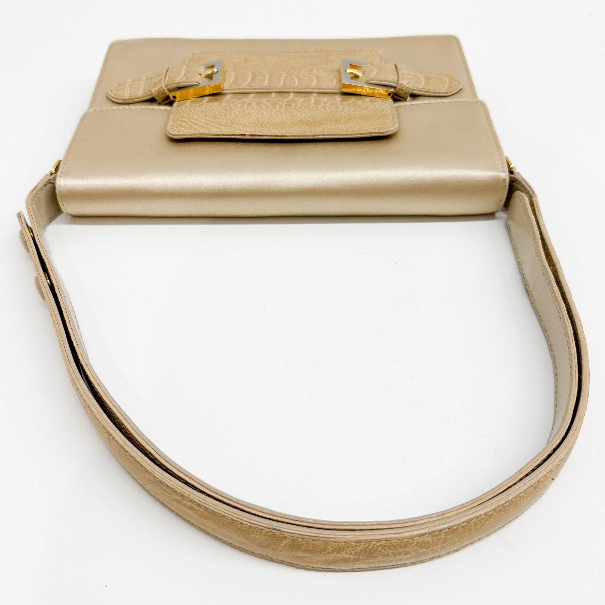 Crocodile Leather Detail Beige Satin Shoulder Bag - Image 6