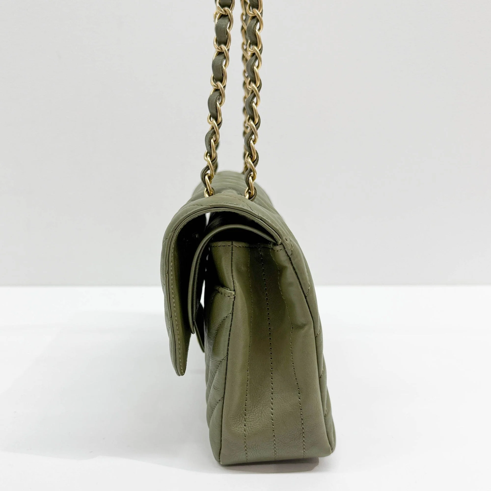 Double Flap Olive Green Chevron Lambskin Leather Shoulder Bag - Image 5