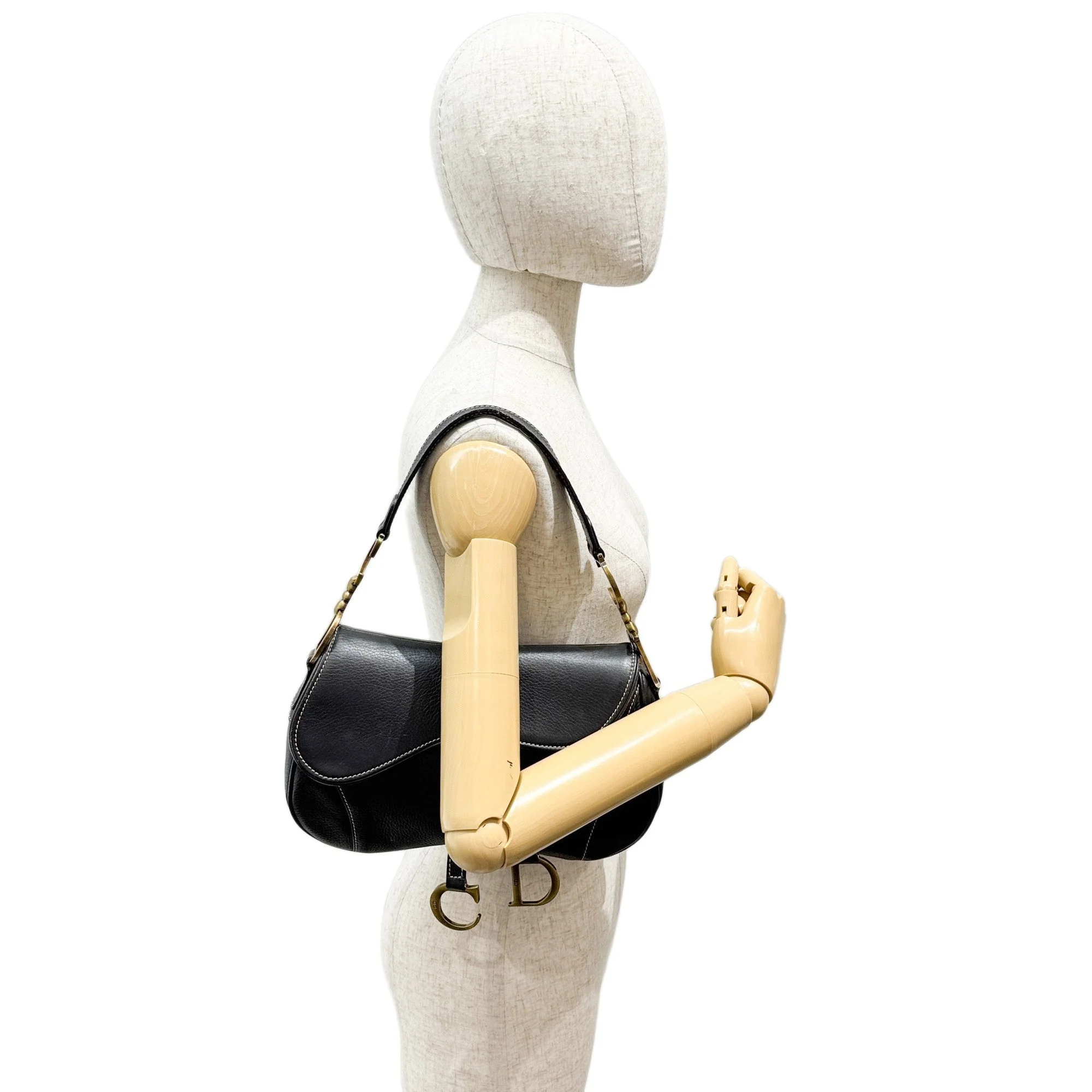 Double Saddle Black Leather Shoulder Bag - Image 5