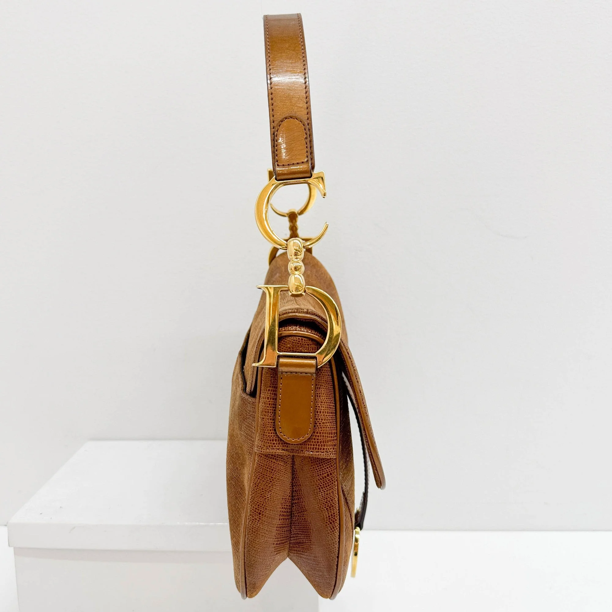 Double Saddle Brown Lizard Print Leather Shoulder Bag - Image 7