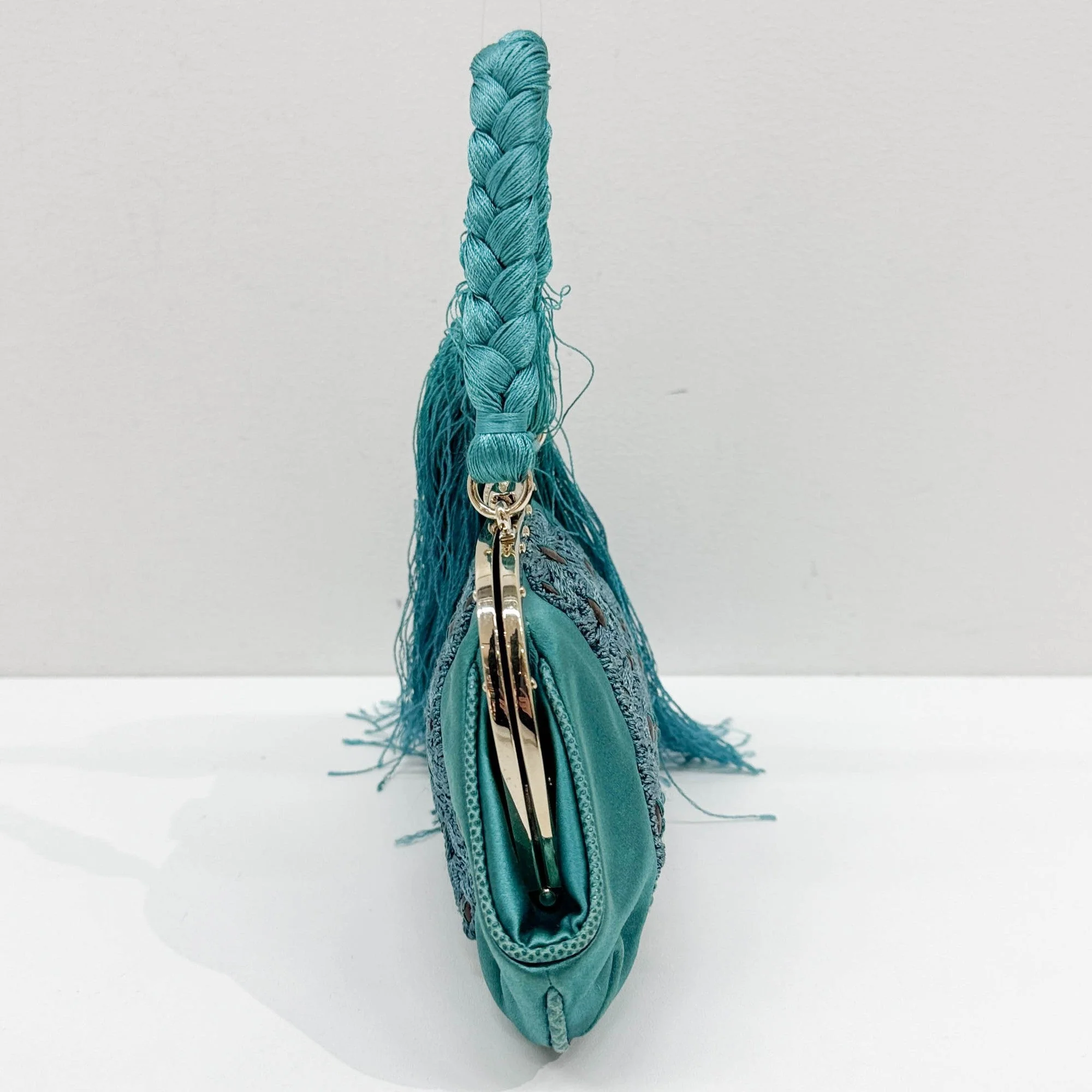 Embroidered Teal Satin Hand Bag - Image 4