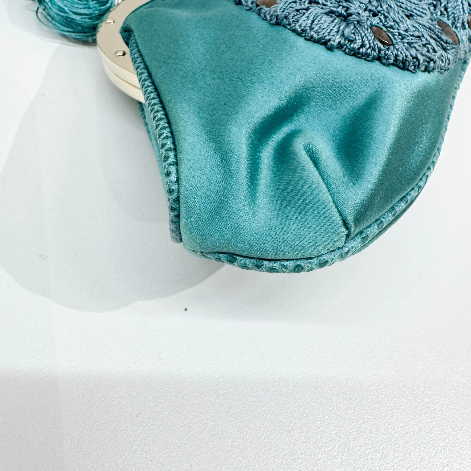 Embroidered Teal Satin Hand Bag - Image 6