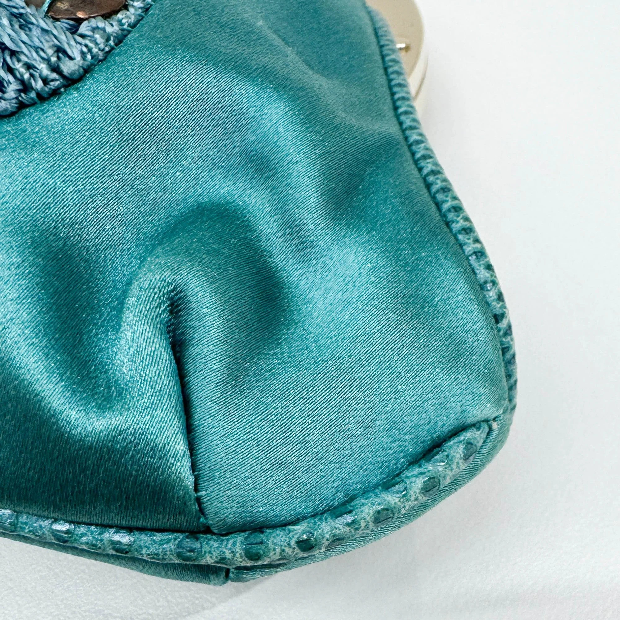 Embroidered Teal Satin Hand Bag - Image 9