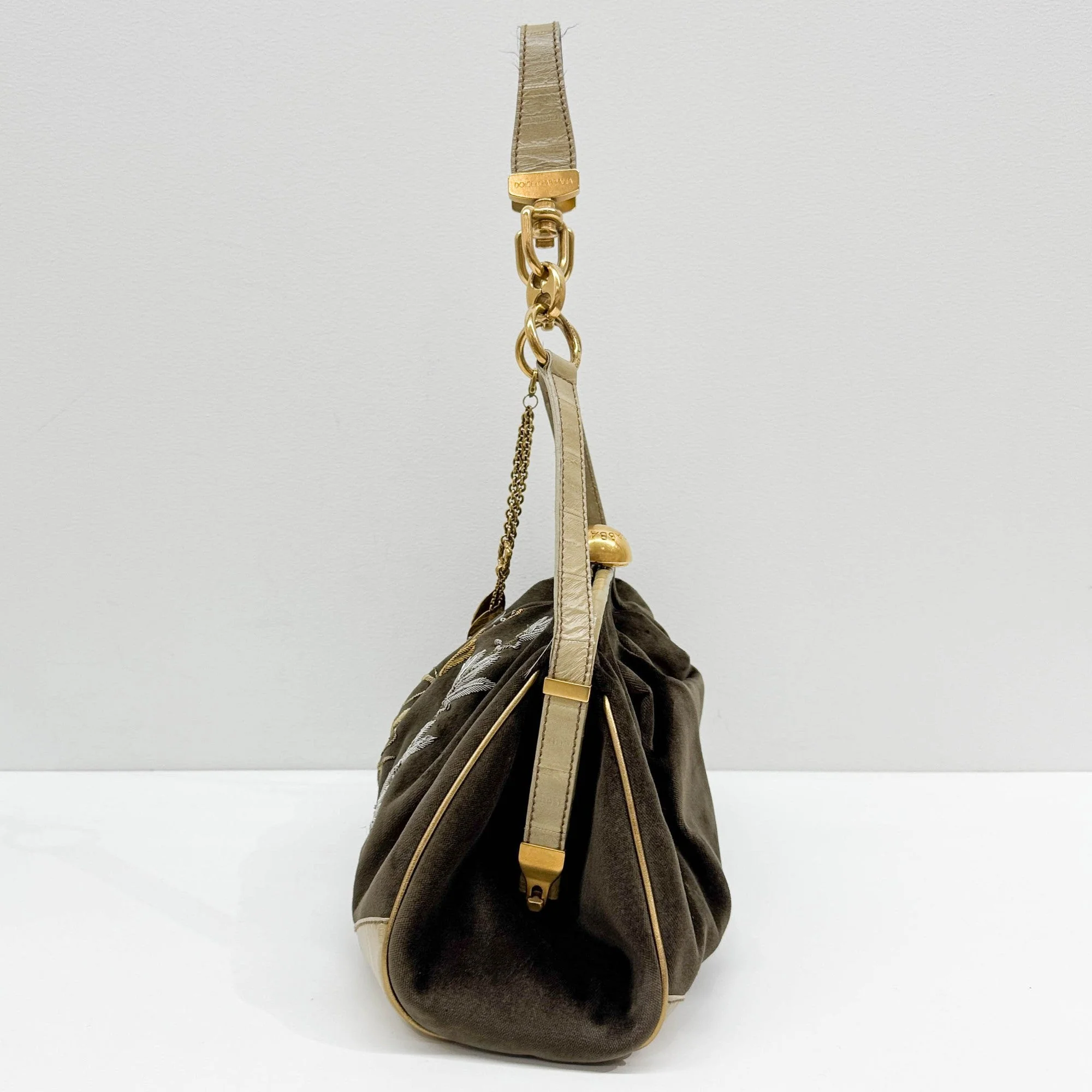 Embroidery Olive Green Velvet Shoulder Bag - Image 6