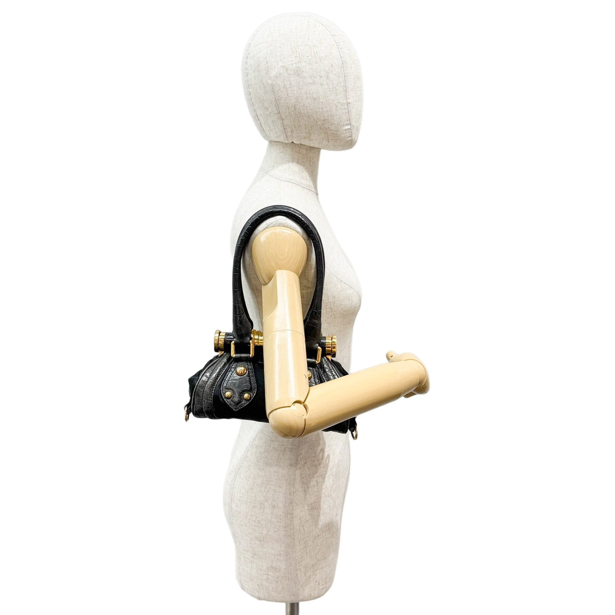 Flip Lock Black Crocodile Embossed Leather Trim & Satin Shoulder Bag - Image 3