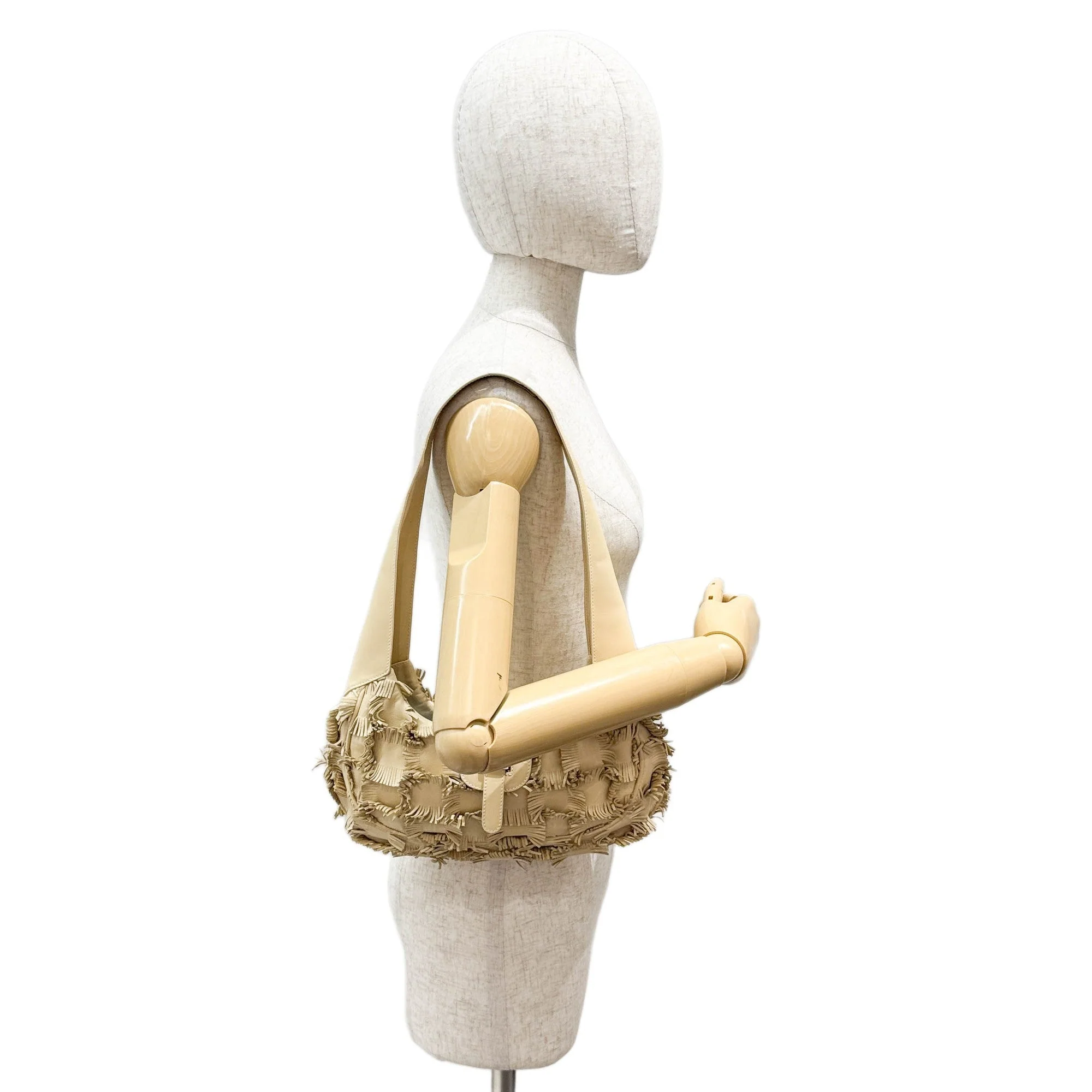Fringed Beige Leather Shoulder Bag - Image 3