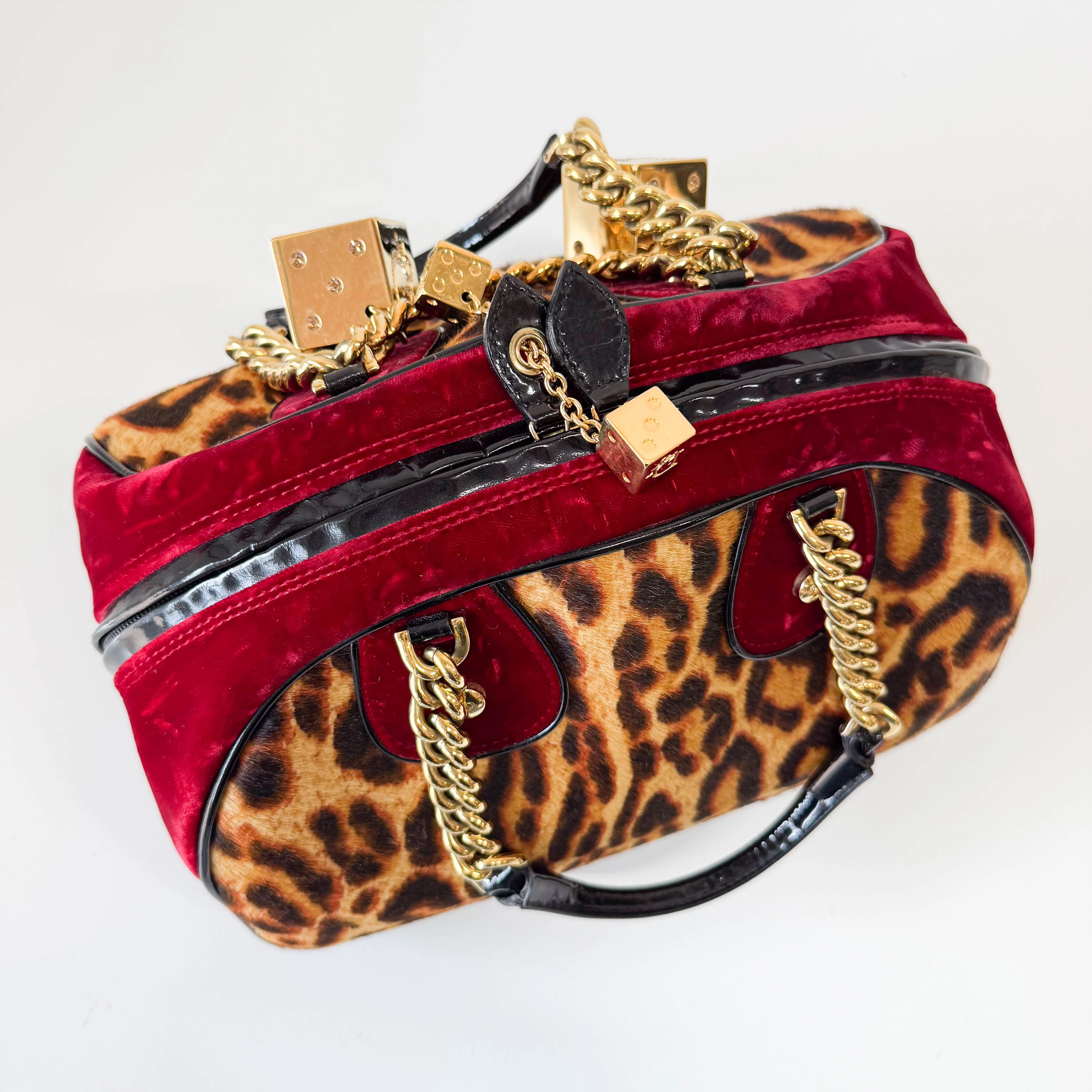Gambler Yellow Leopard Print Pony Hair & Red Velvet Handbag - Image 7