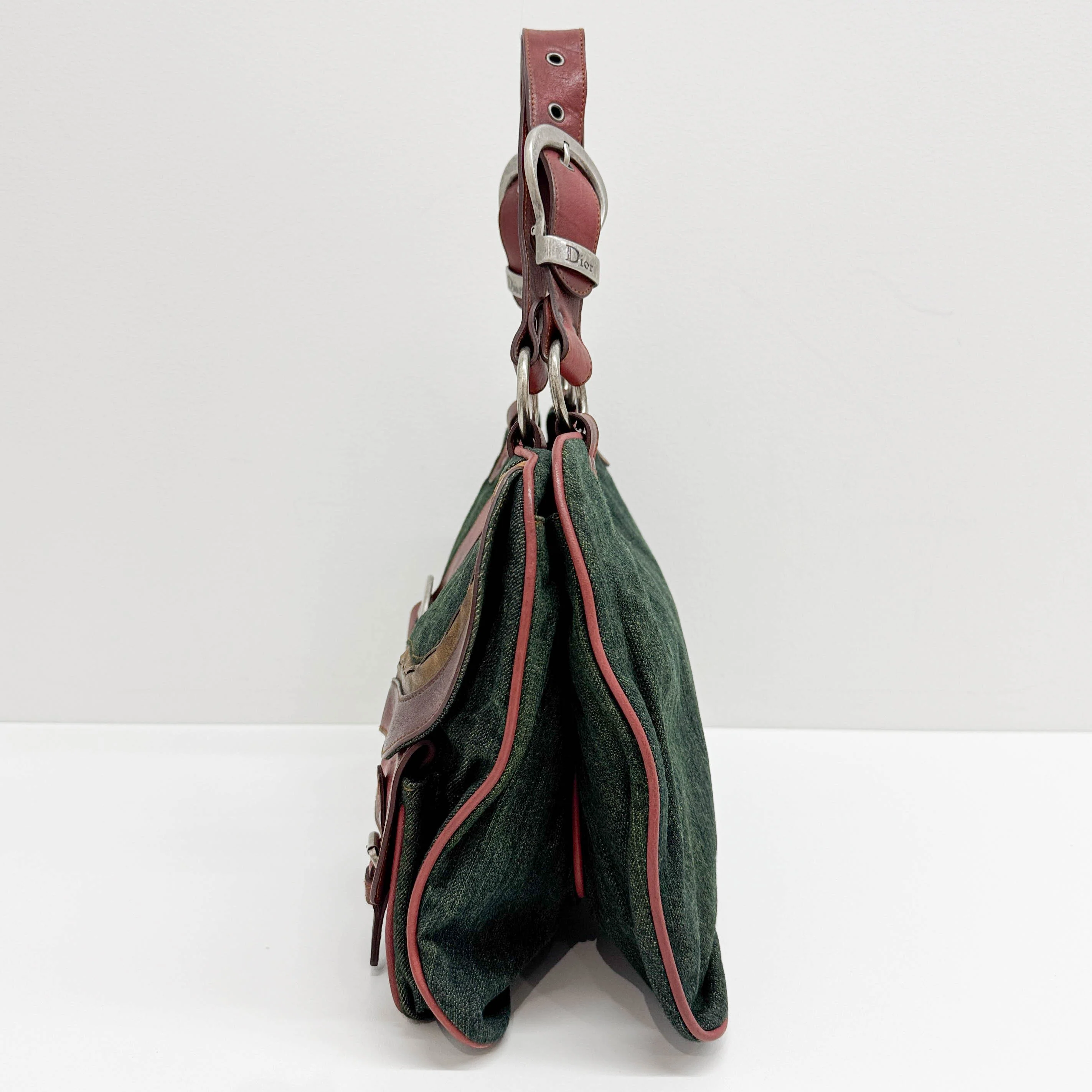 Gaucho Green Denim and Red Leather Shoulder Bag - Image 6