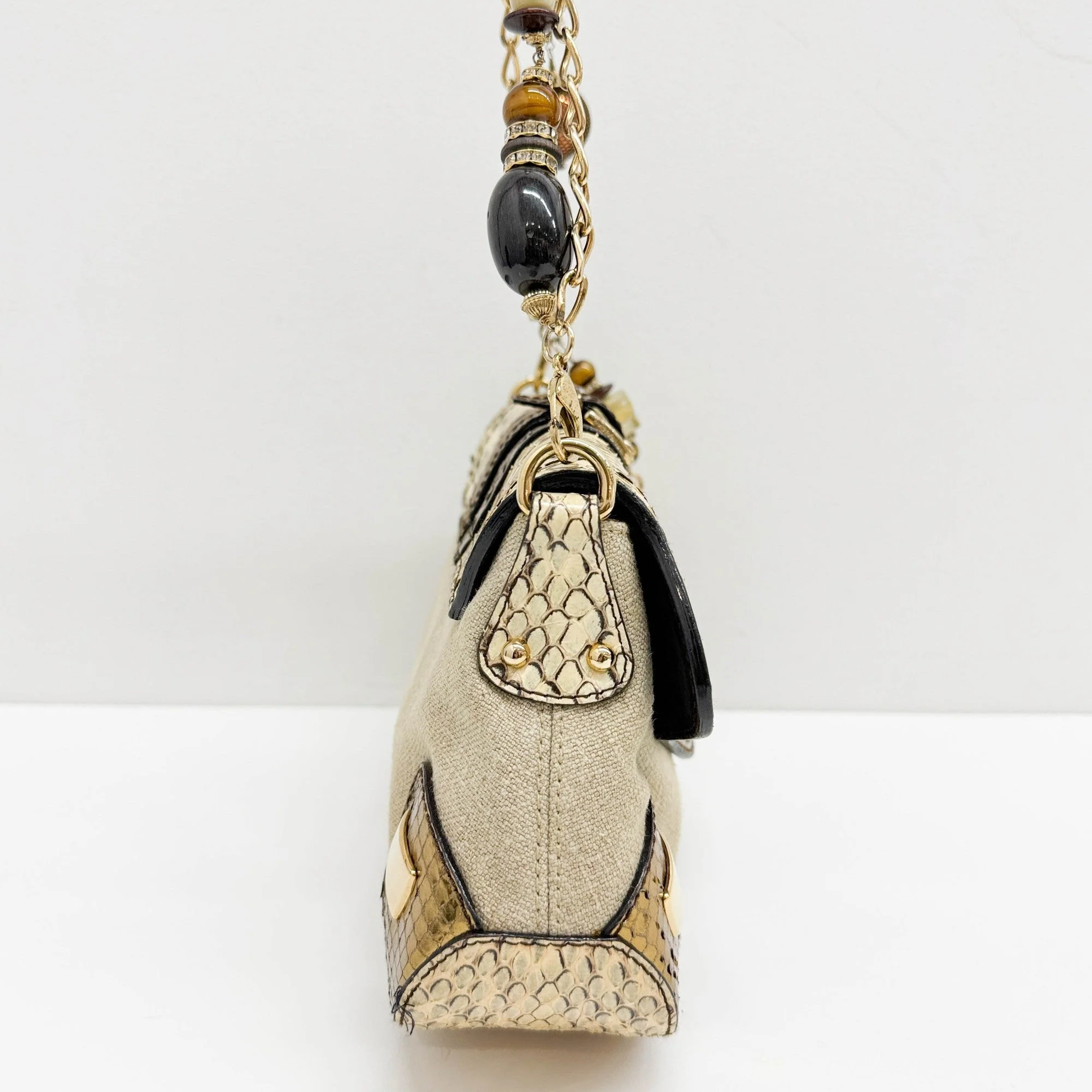 Gold & Brown Embossed Leather & Jute Shoulder Bag - Image 5