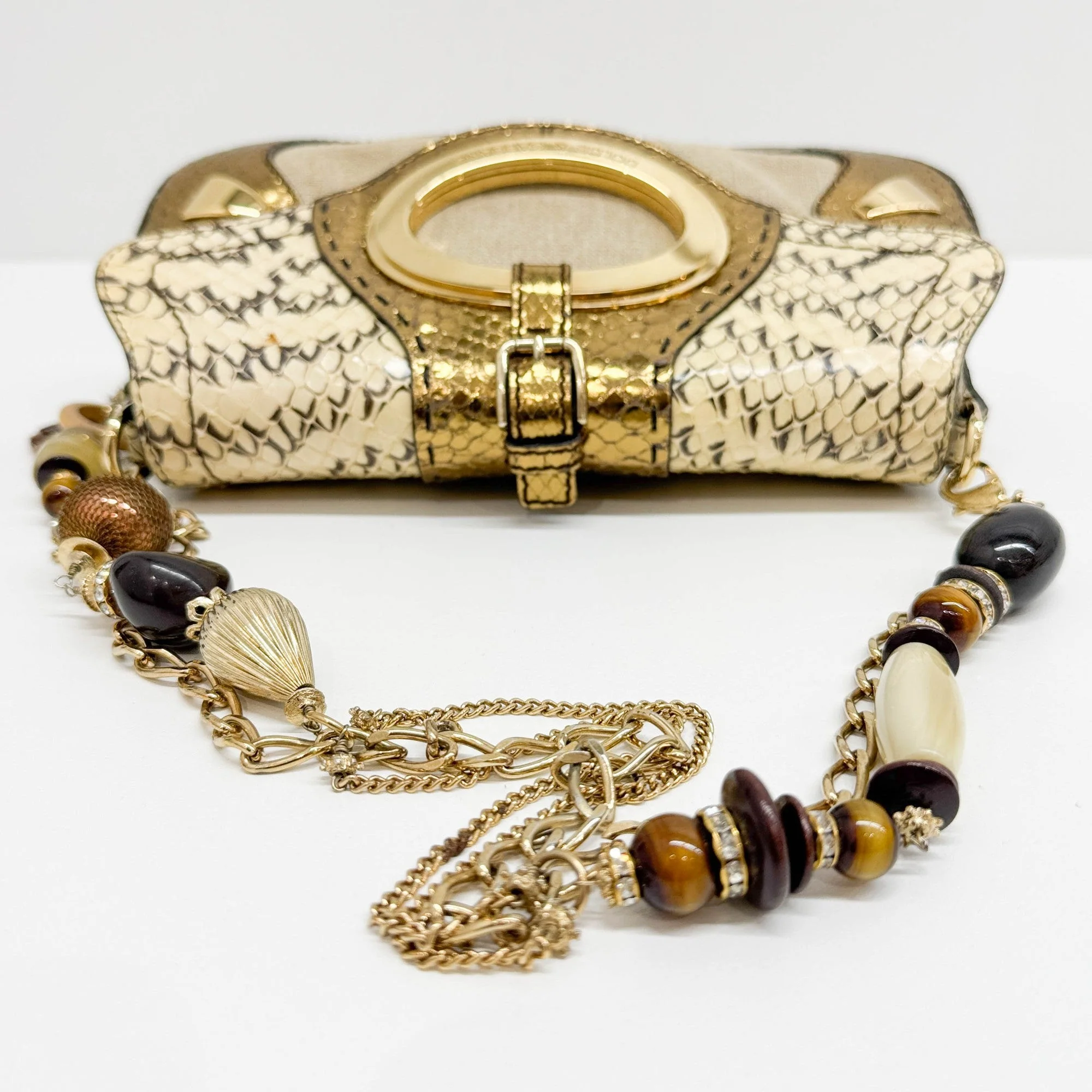 Gold & Brown Embossed Leather & Jute Shoulder Bag - Image 8
