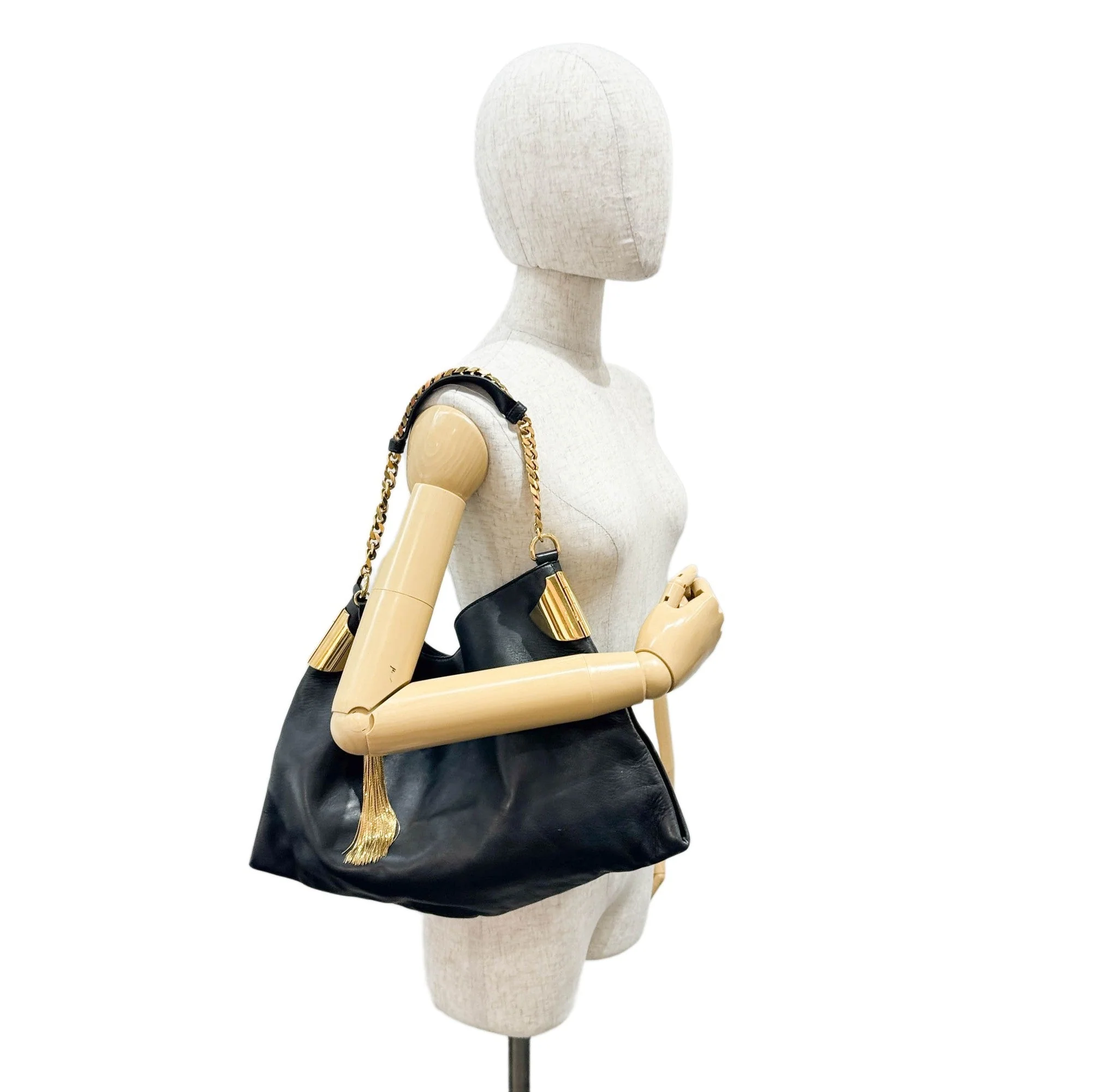 Gold Chain Black Leather Shoulder Bag - Image 3