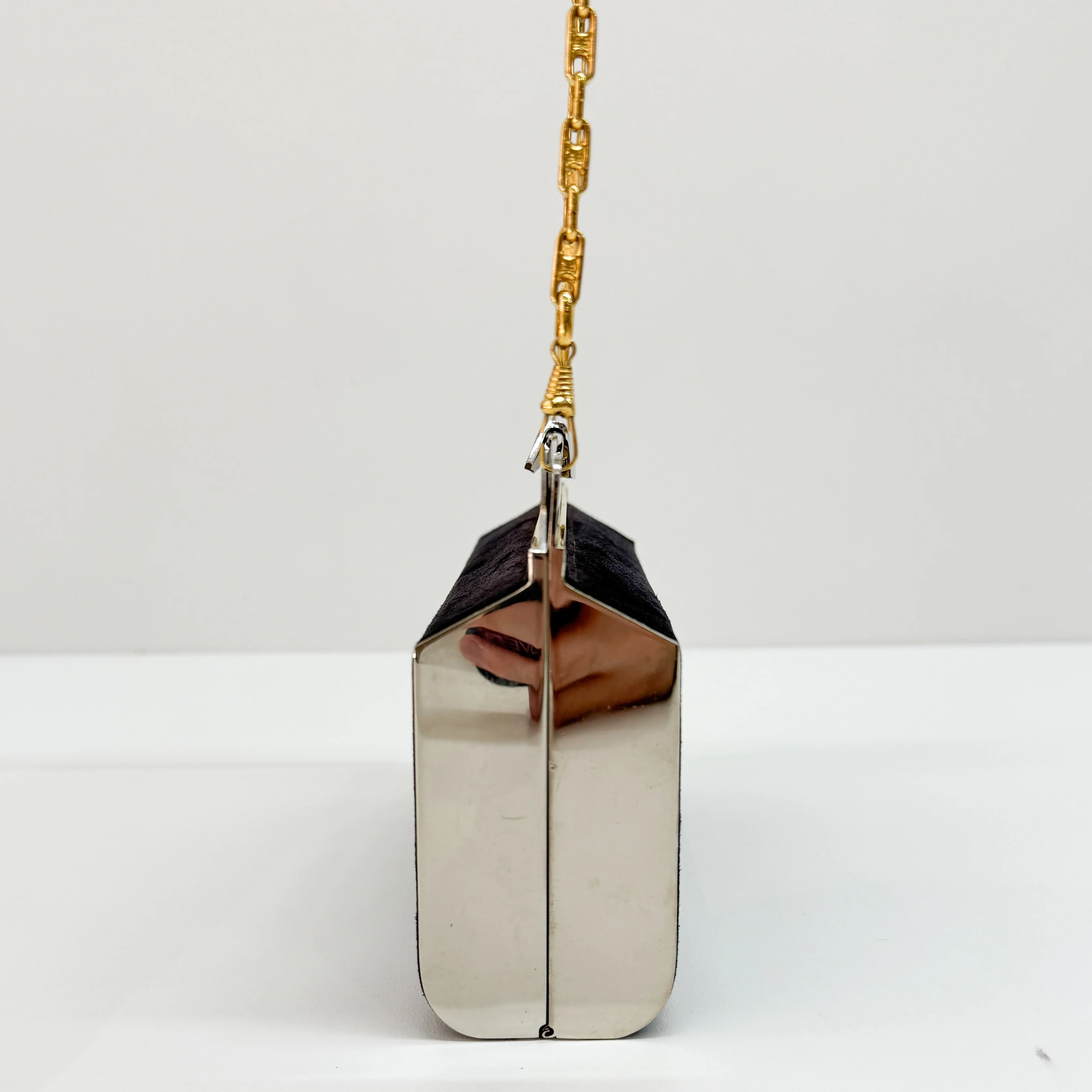 Gold Chain Navy Blue Suede Shoulder Bag - Image 4