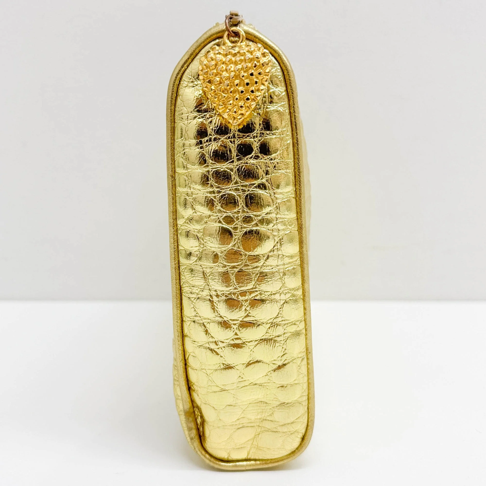 Gold Crocodile Embossed Leather Clutch Bag - Image 4