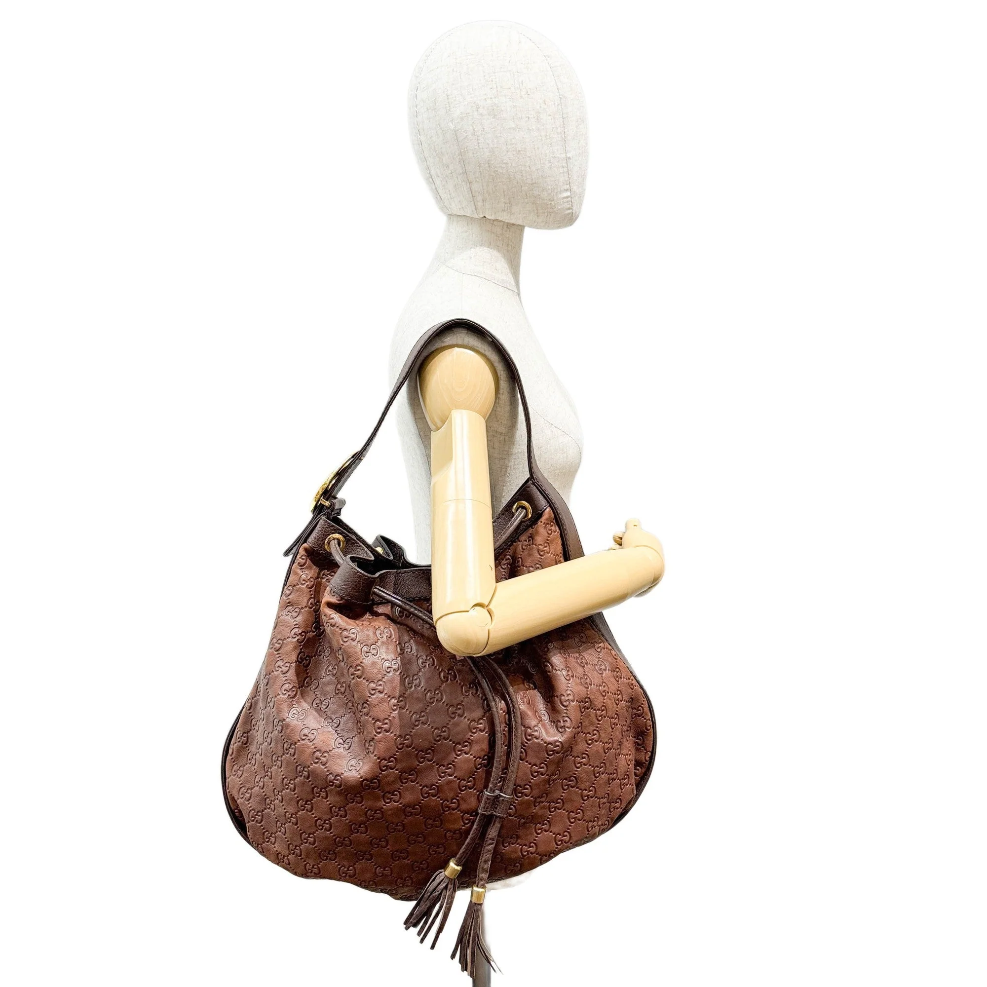Guccissima Drawstring Brown Embossed Leather Hobo Bag - Image 3