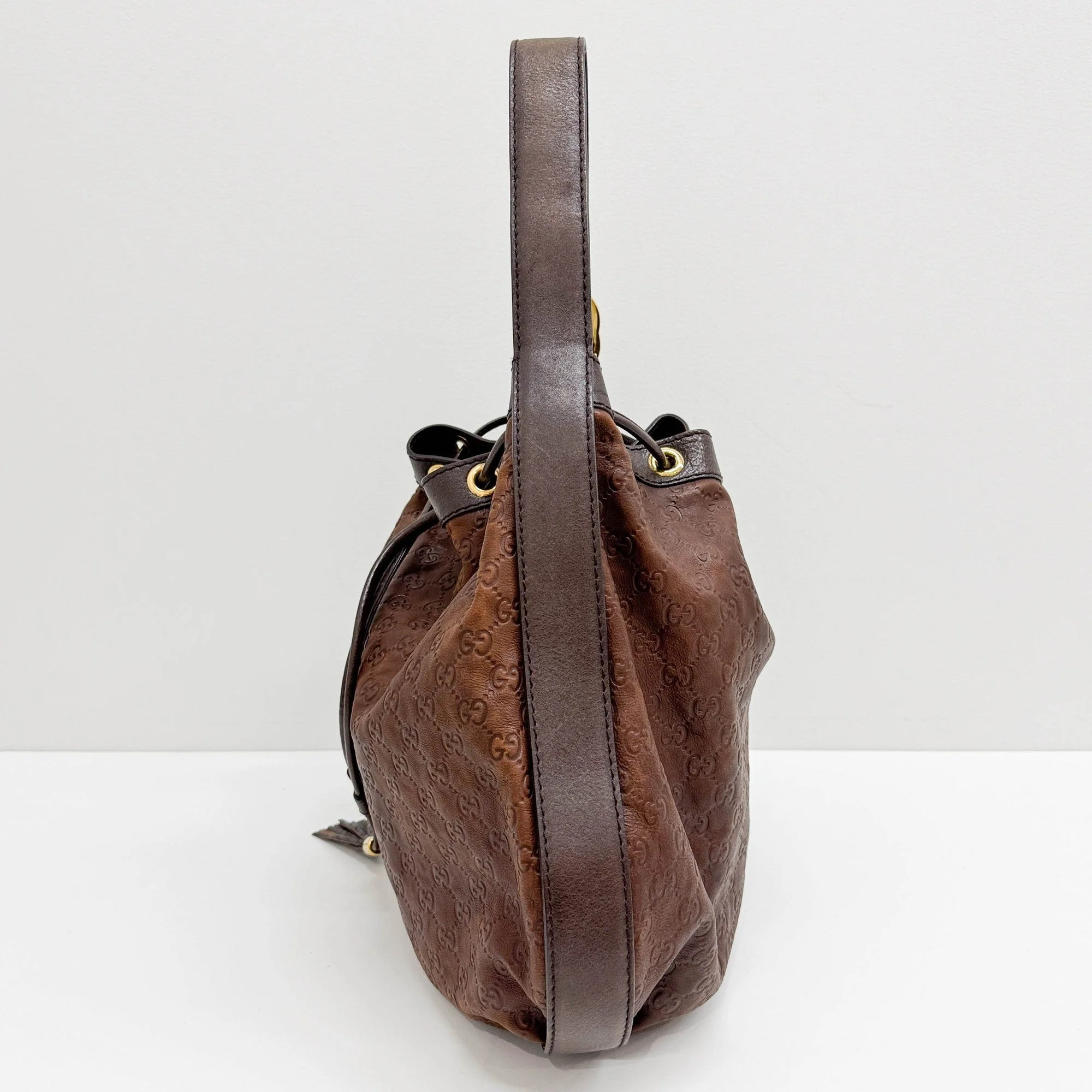 Guccissima Drawstring Brown Embossed Leather Hobo Bag - Image 5