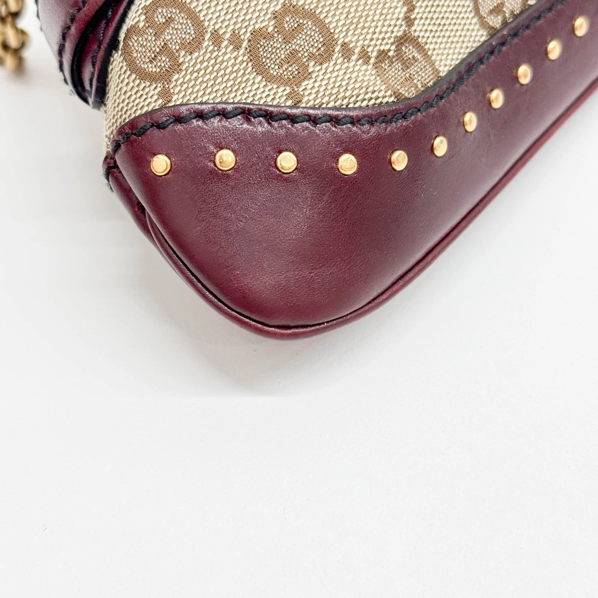 Horsebit Studded Bordeaux Trim Tan Beige GG Canvas Chain Shoulder Bag - Image 11