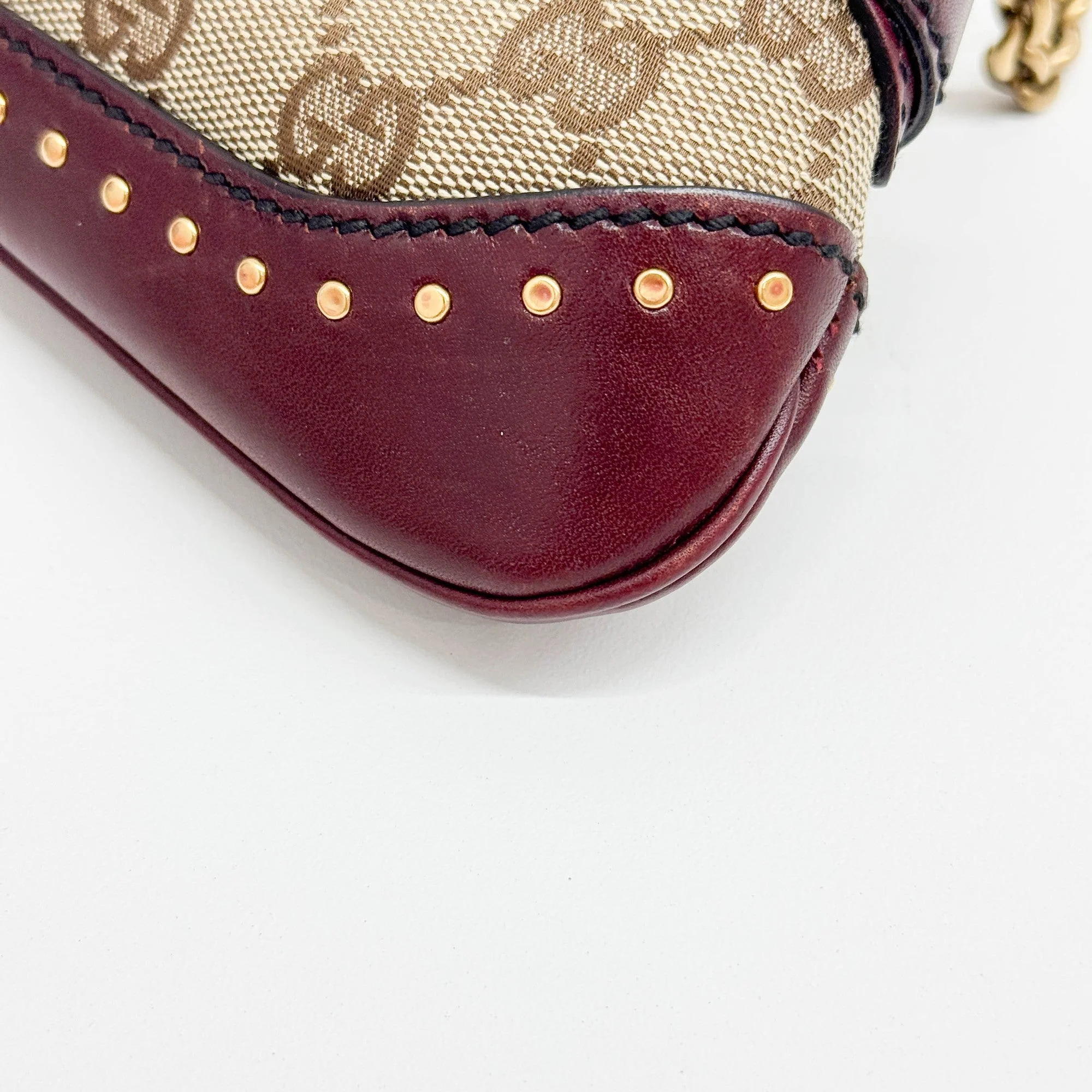 Horsebit Studded Bordeaux Trim Tan Beige GG Canvas Chain Shoulder Bag - Image 12