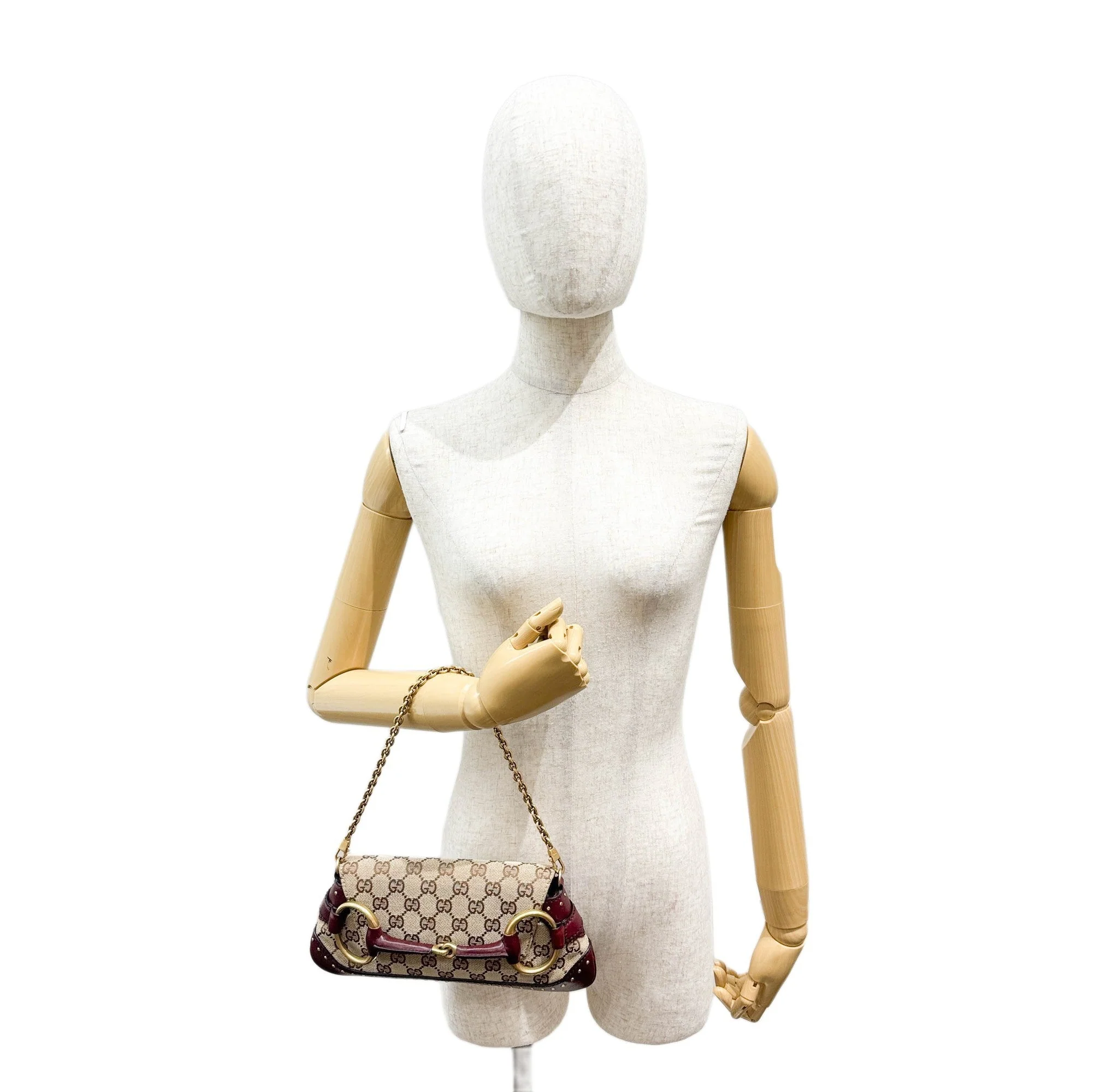 Horsebit Studded Bordeaux Trim Tan Beige GG Canvas Chain Shoulder Bag - Image 3