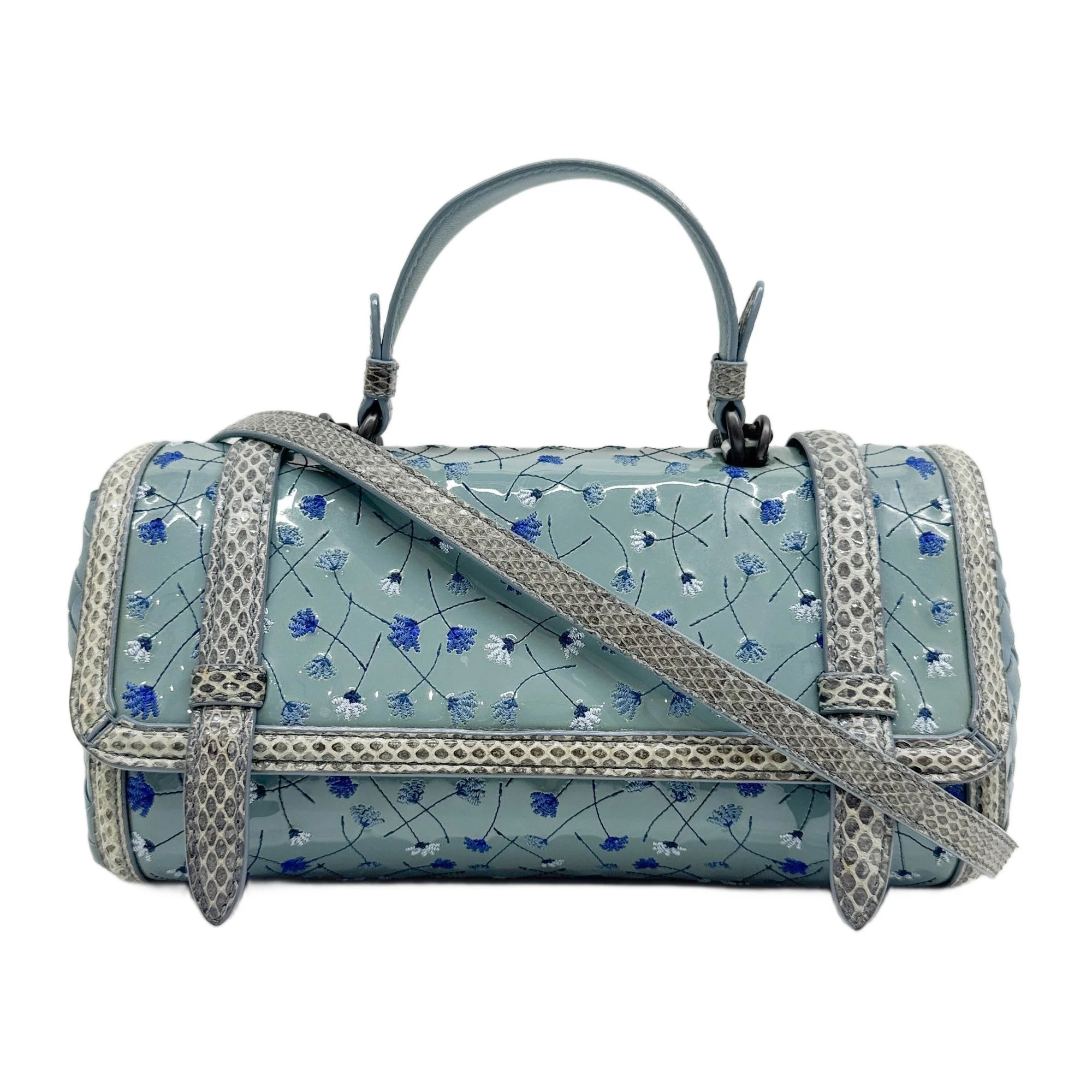 Intrecciato Blue Flower Canvas Patent Leather Two Way Bag