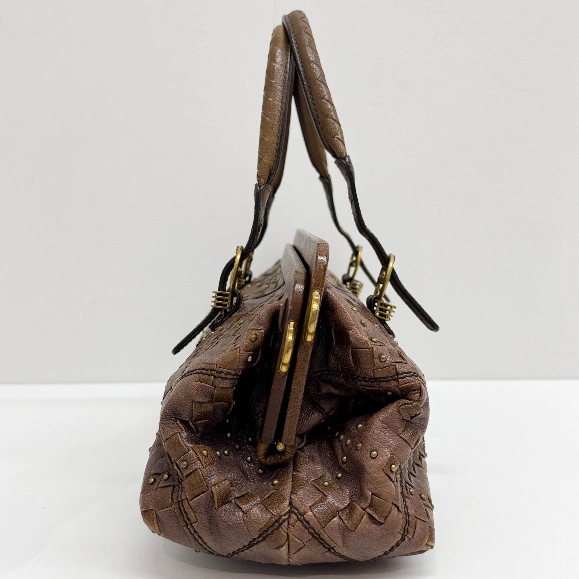 Intrecciato Brown Leather with Gold Studs Handle Bag - Image 5