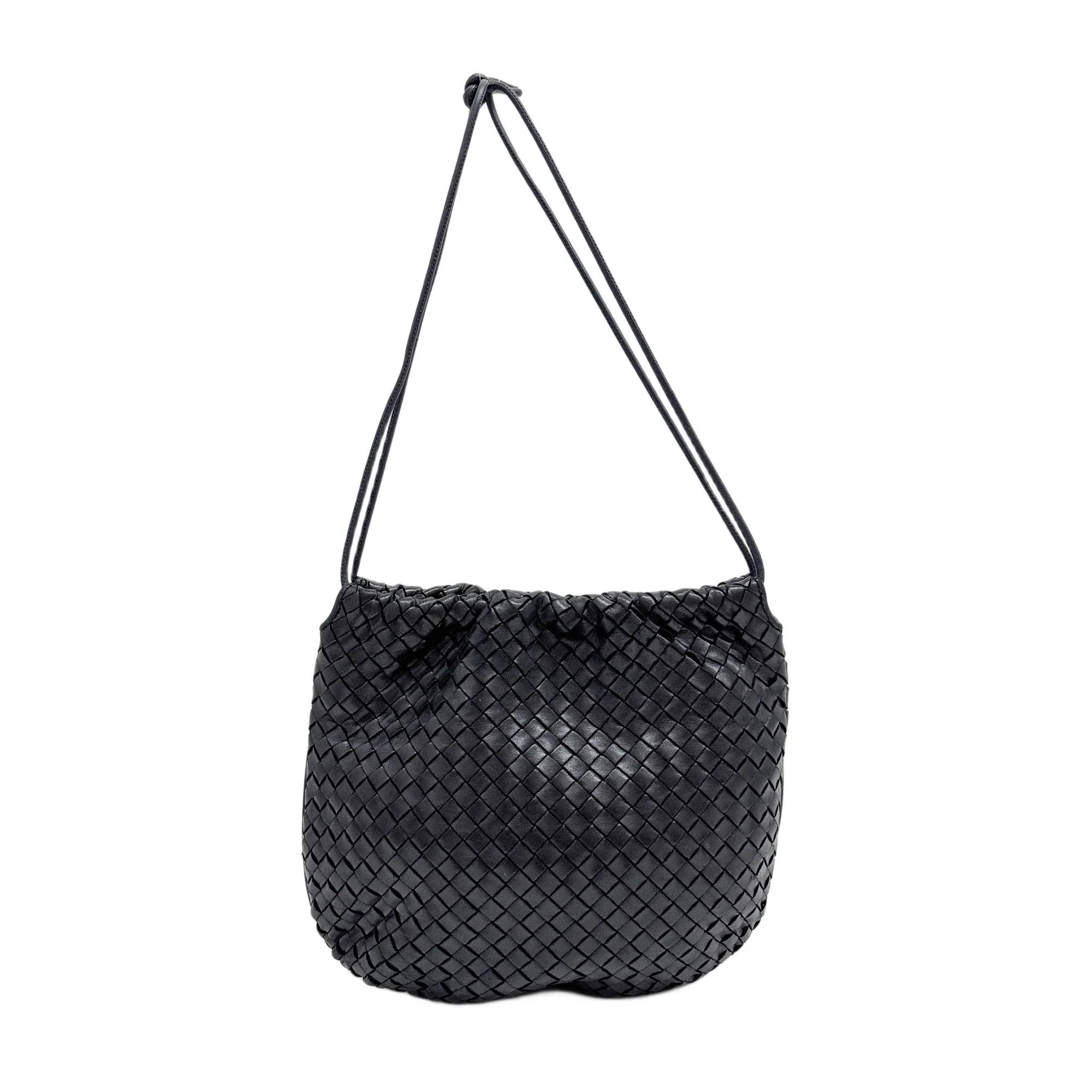 Intrecciato Midnight Blue Leather Drawstring Shoulder Bag