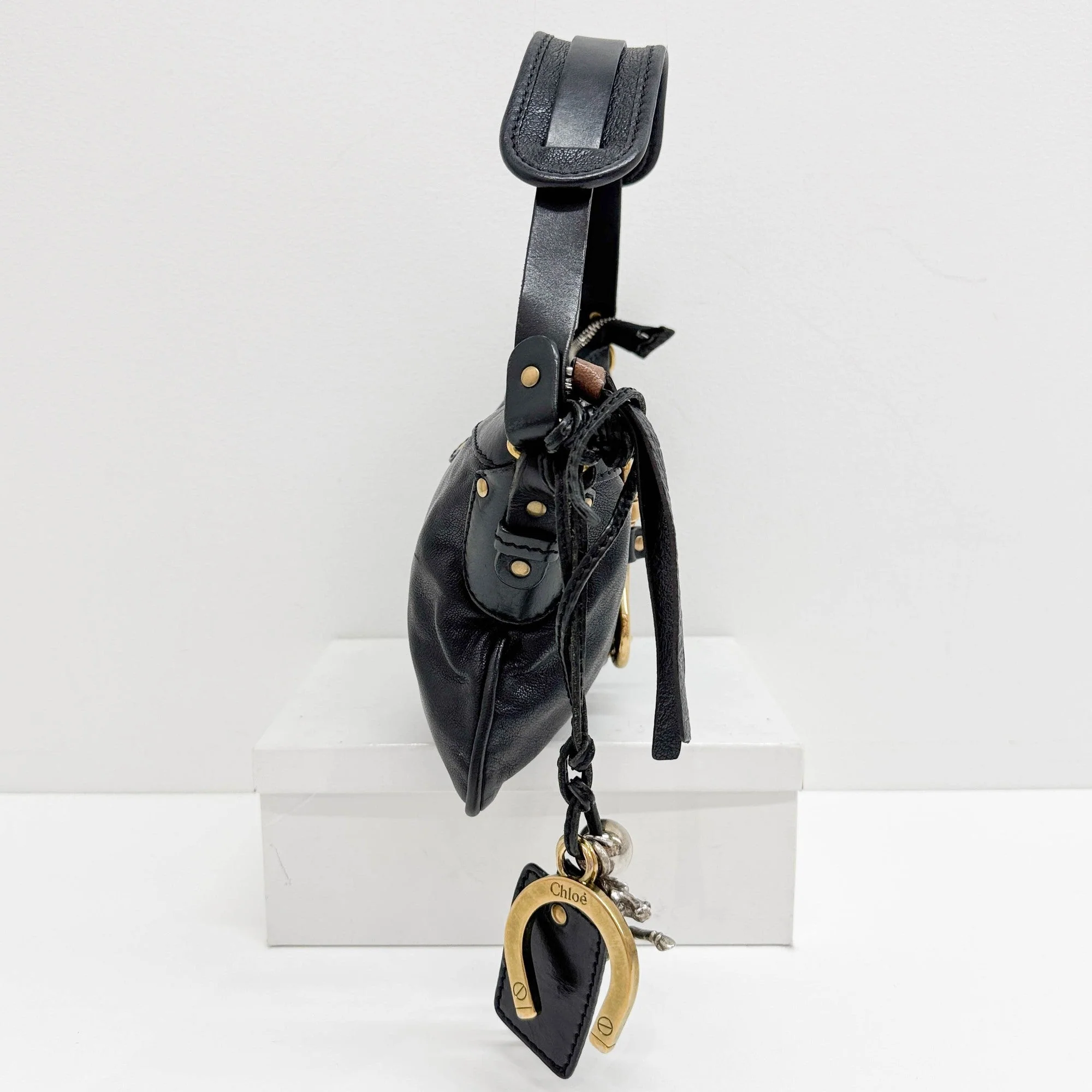 Kerala Gold Hardware and Black Leather Shoulder Bag - Image 4